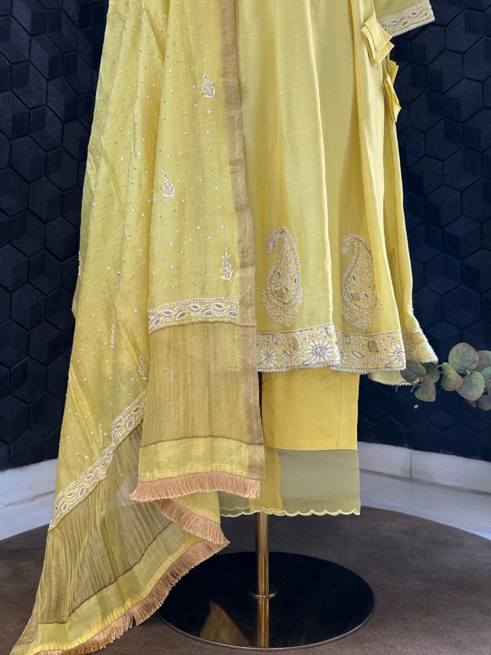 Yellow Chanderi Chikankari Angrakha Anarkali Set