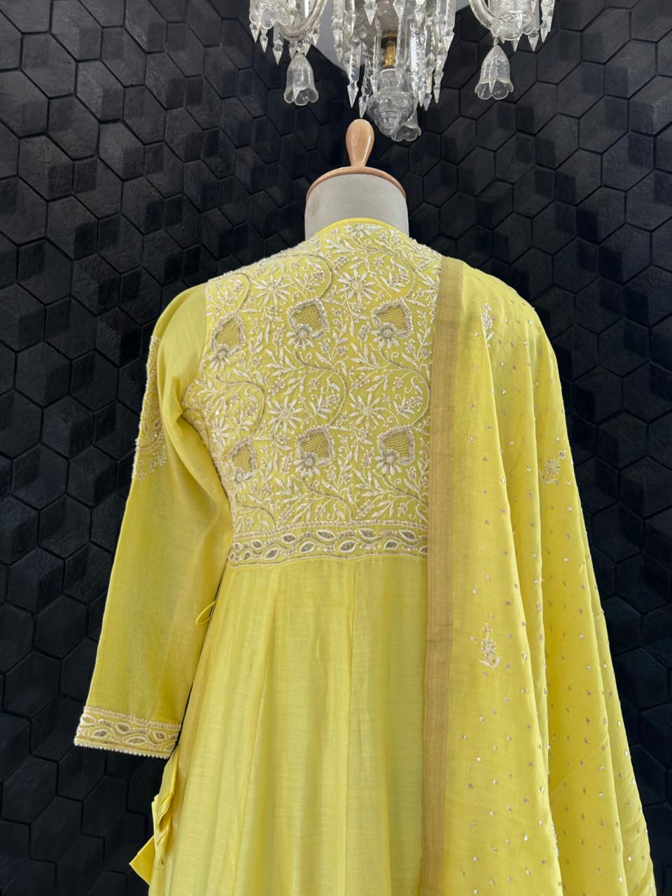 Yellow Chanderi Chikankari Angrakha Anarkali Set