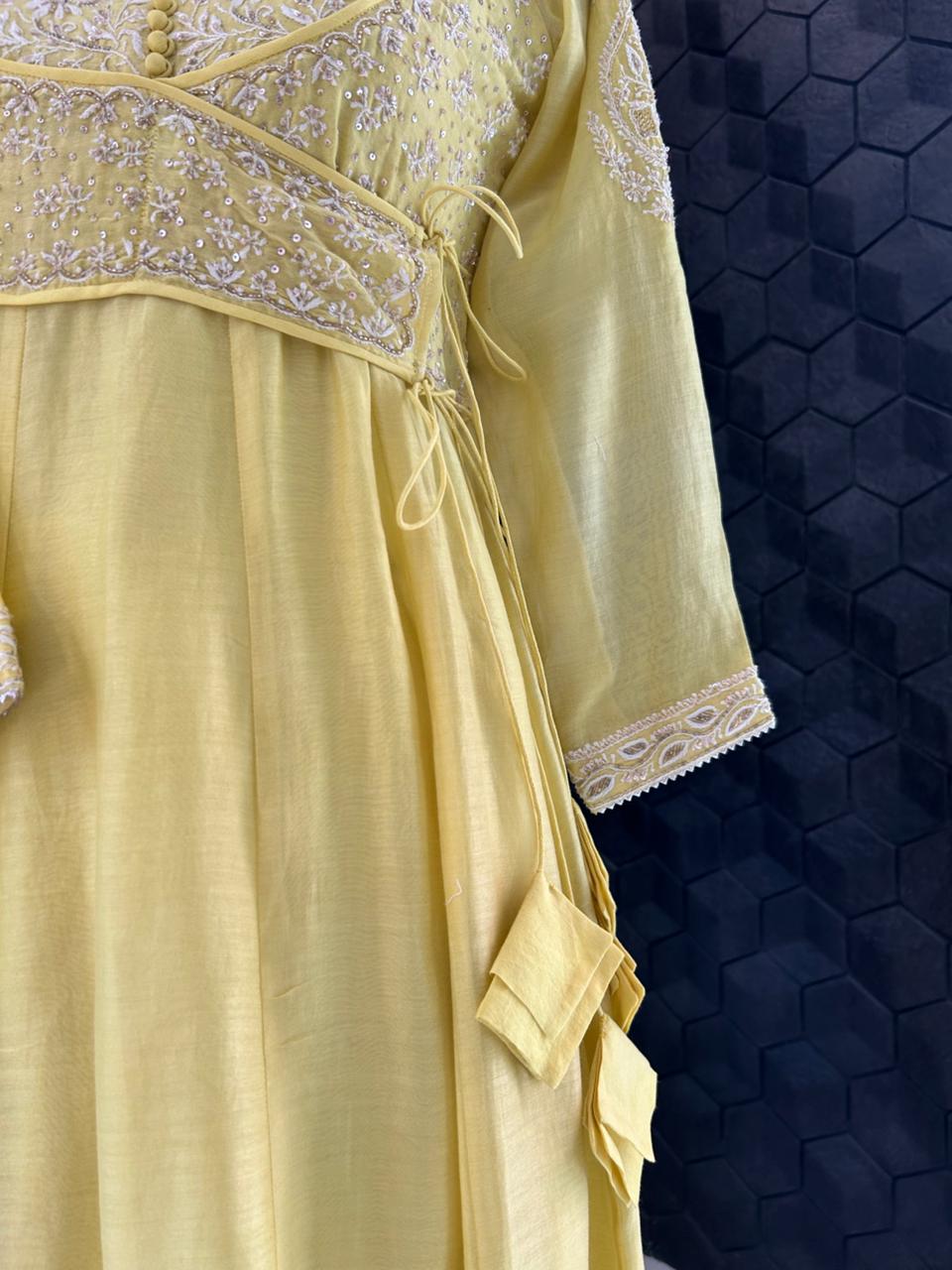 Yellow Chanderi Chikankari Angrakha Anarkali Set
