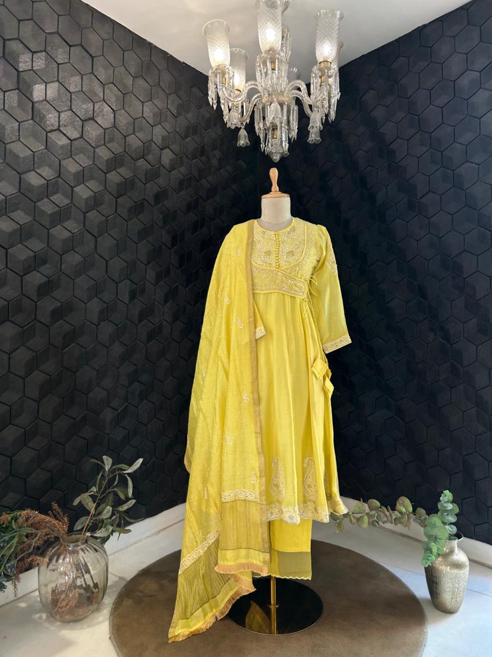 Yellow Chanderi Chikankari Angrakha Anarkali Set