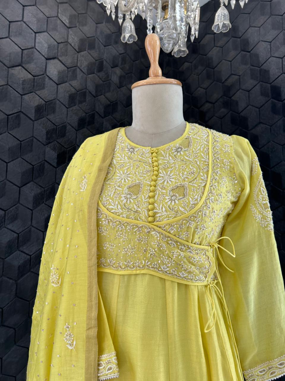 Yellow Chanderi Chikankari Angrakha Anarkali Set