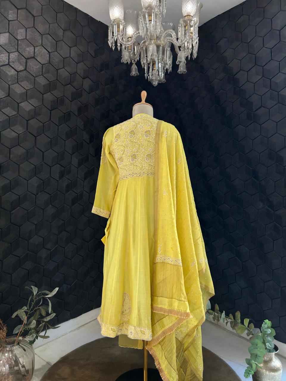 Yellow Chanderi Chikankari Angrakha Anarkali Set