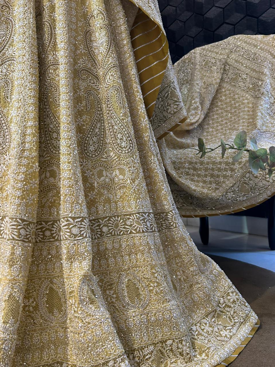 Yellow georgette ek-taar chikankari lehenga set