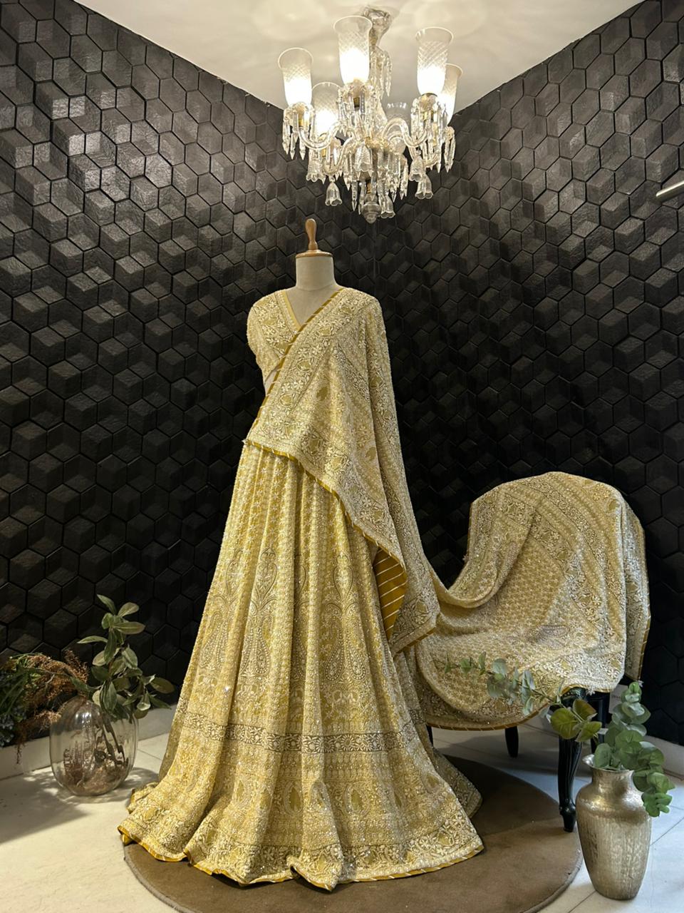 Yellow georgette ek-taar chikankari lehenga set