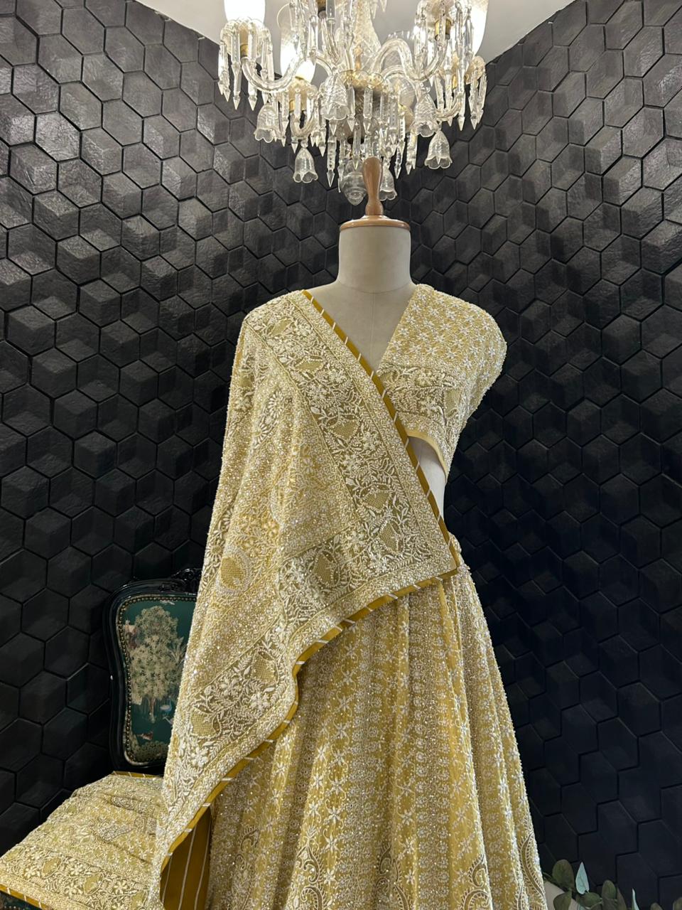 Yellow georgette ek-taar chikankari lehenga set