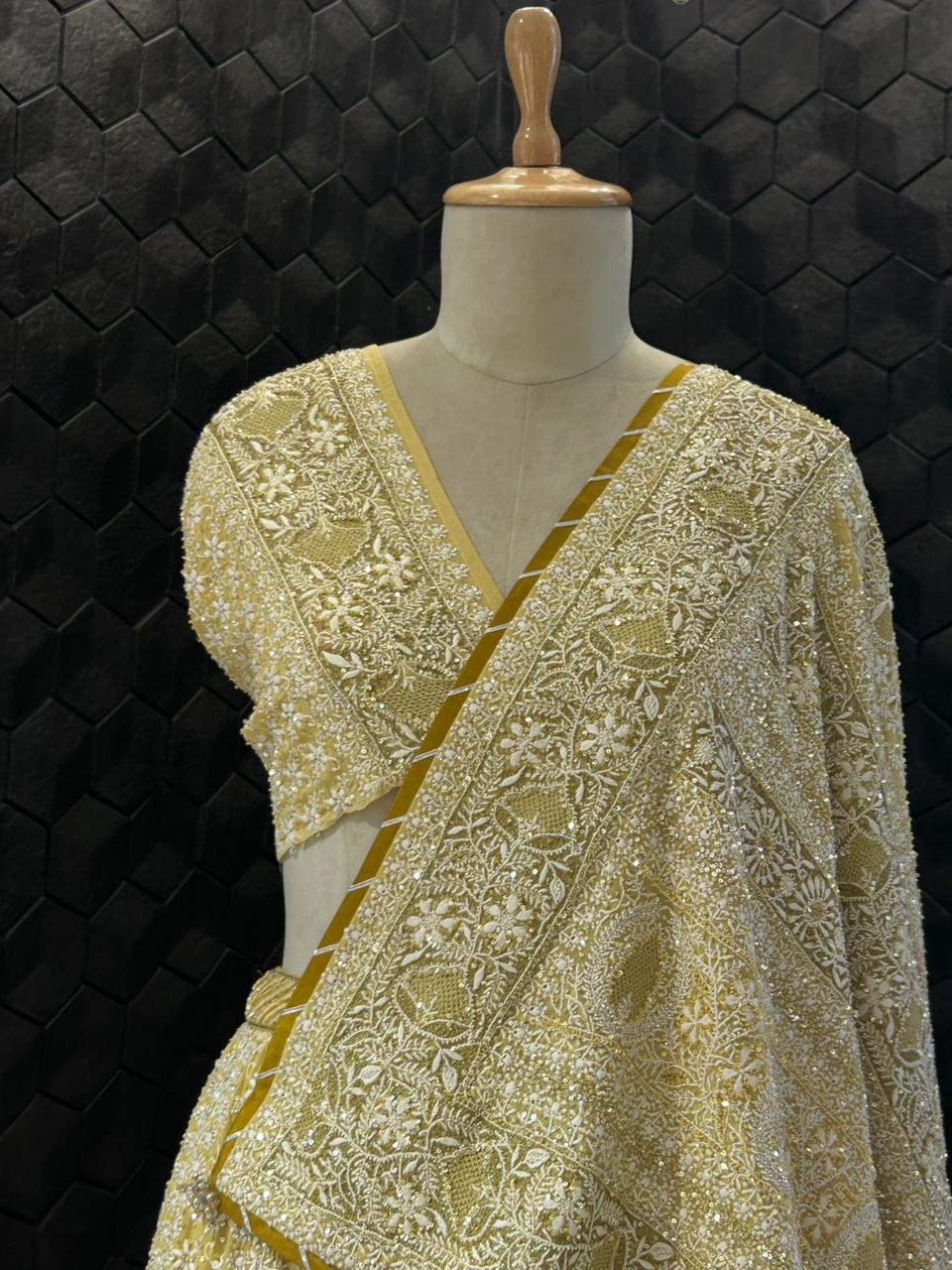 Yellow georgette ek-taar chikankari lehenga set