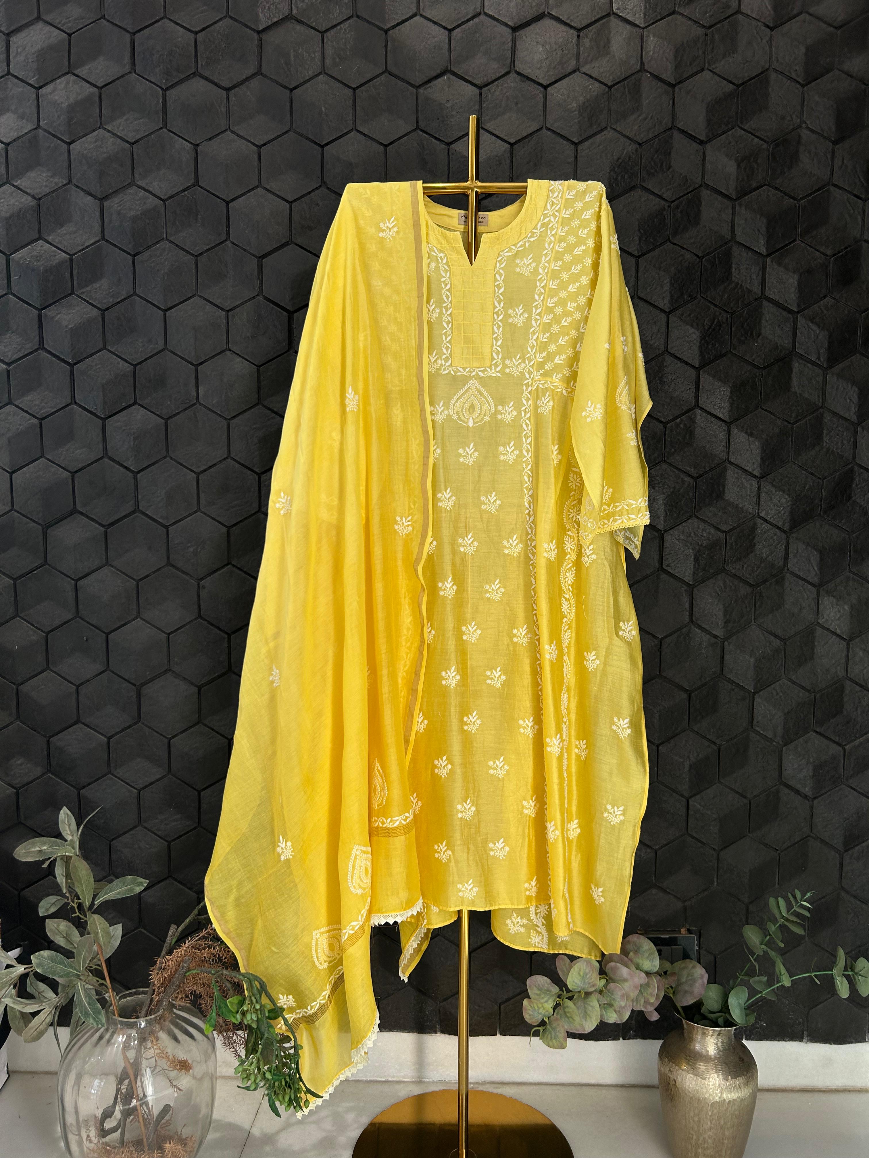 Yellow chanderi chikankari kurta set
