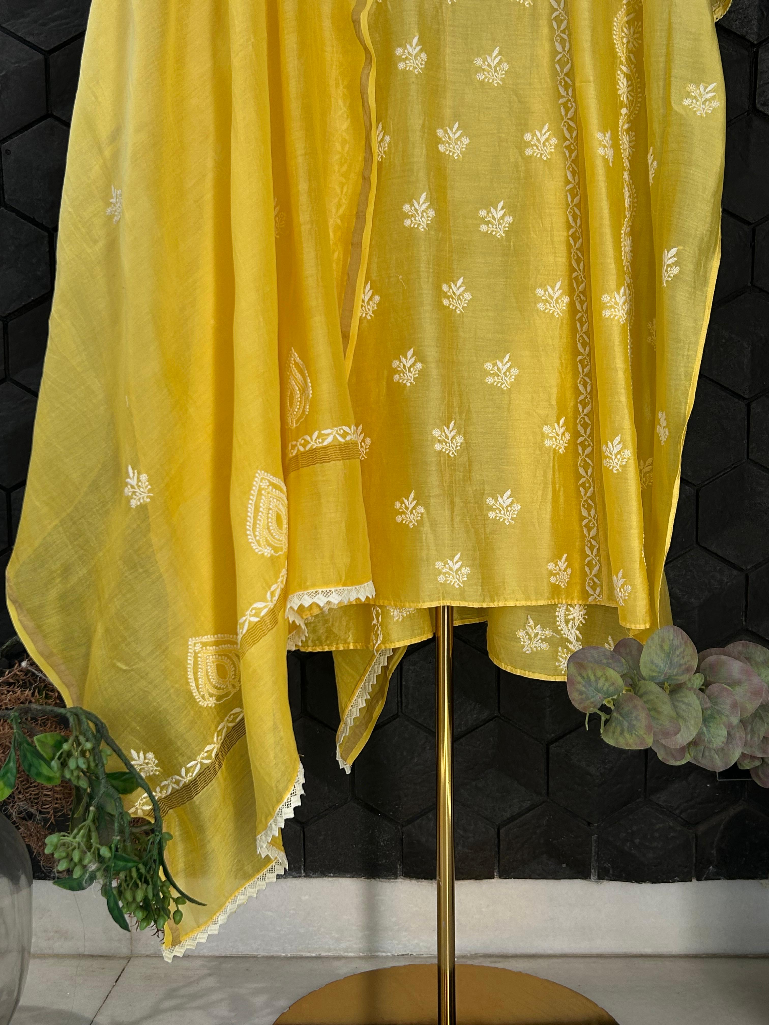 Yellow chanderi chikankari kurta set