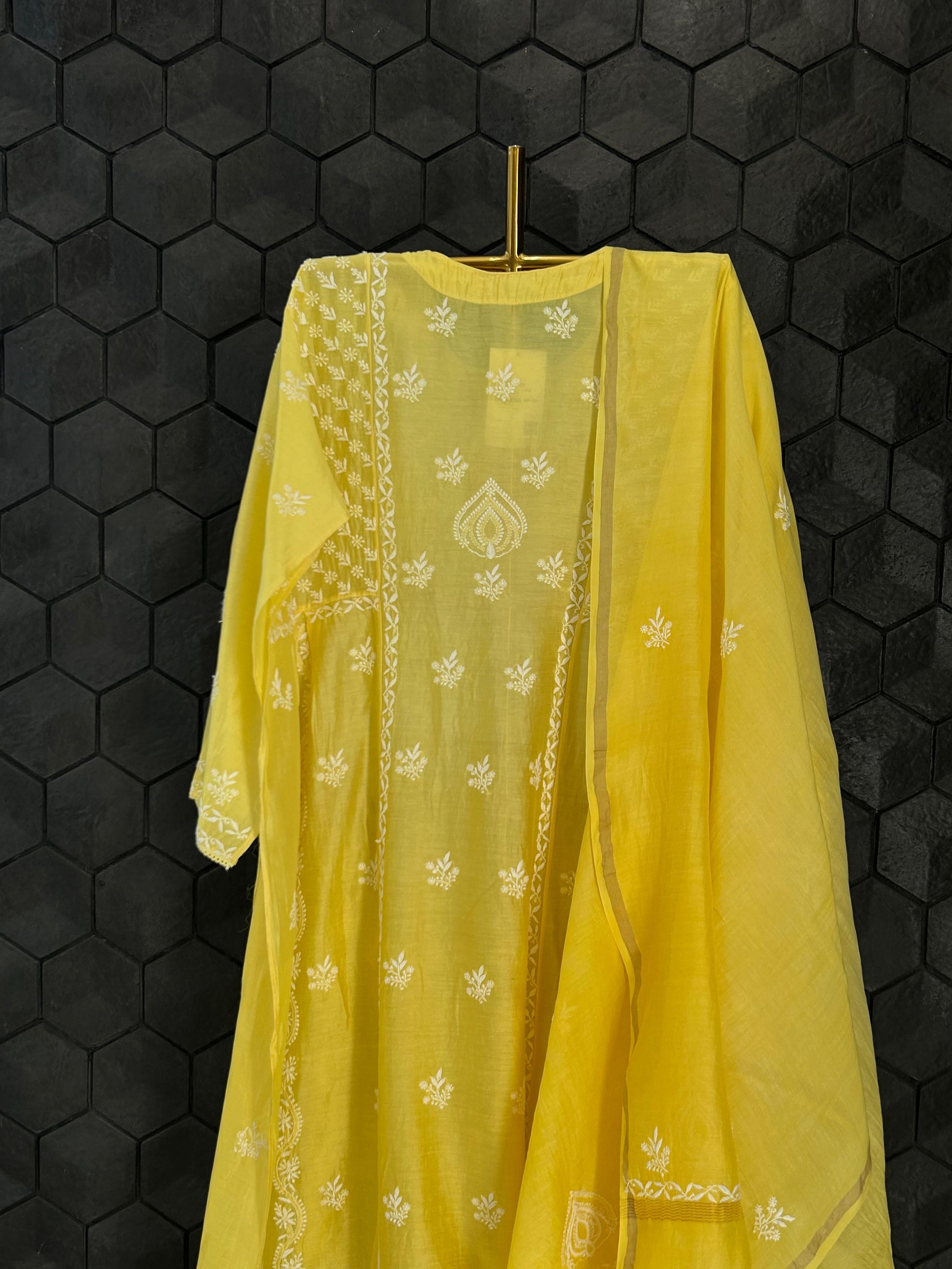 Yellow chanderi chikankari kurta set
