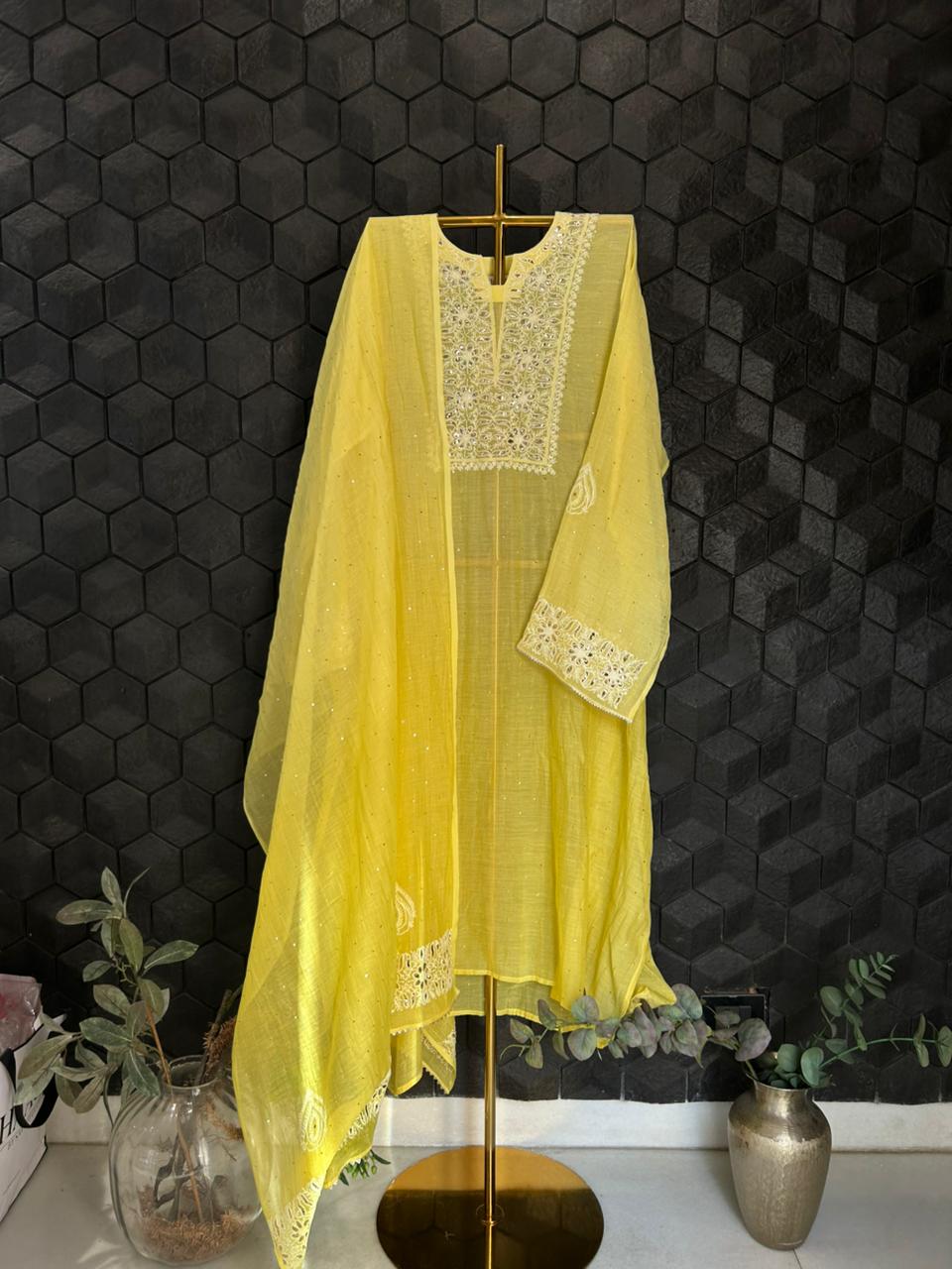 Yellow mul chanderi chikankari mukaish kurta set
