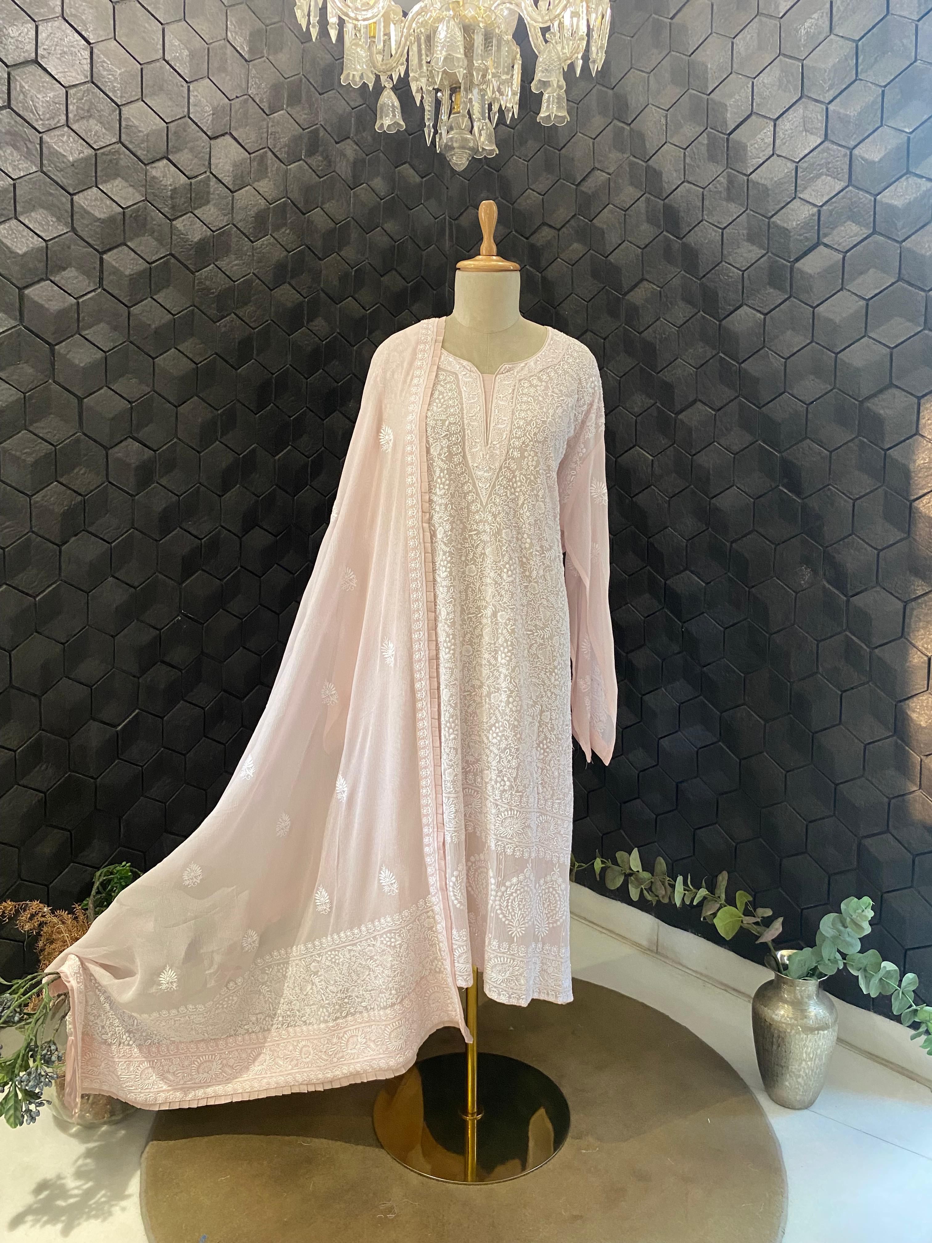Pink Chiffon chikankari kurta set