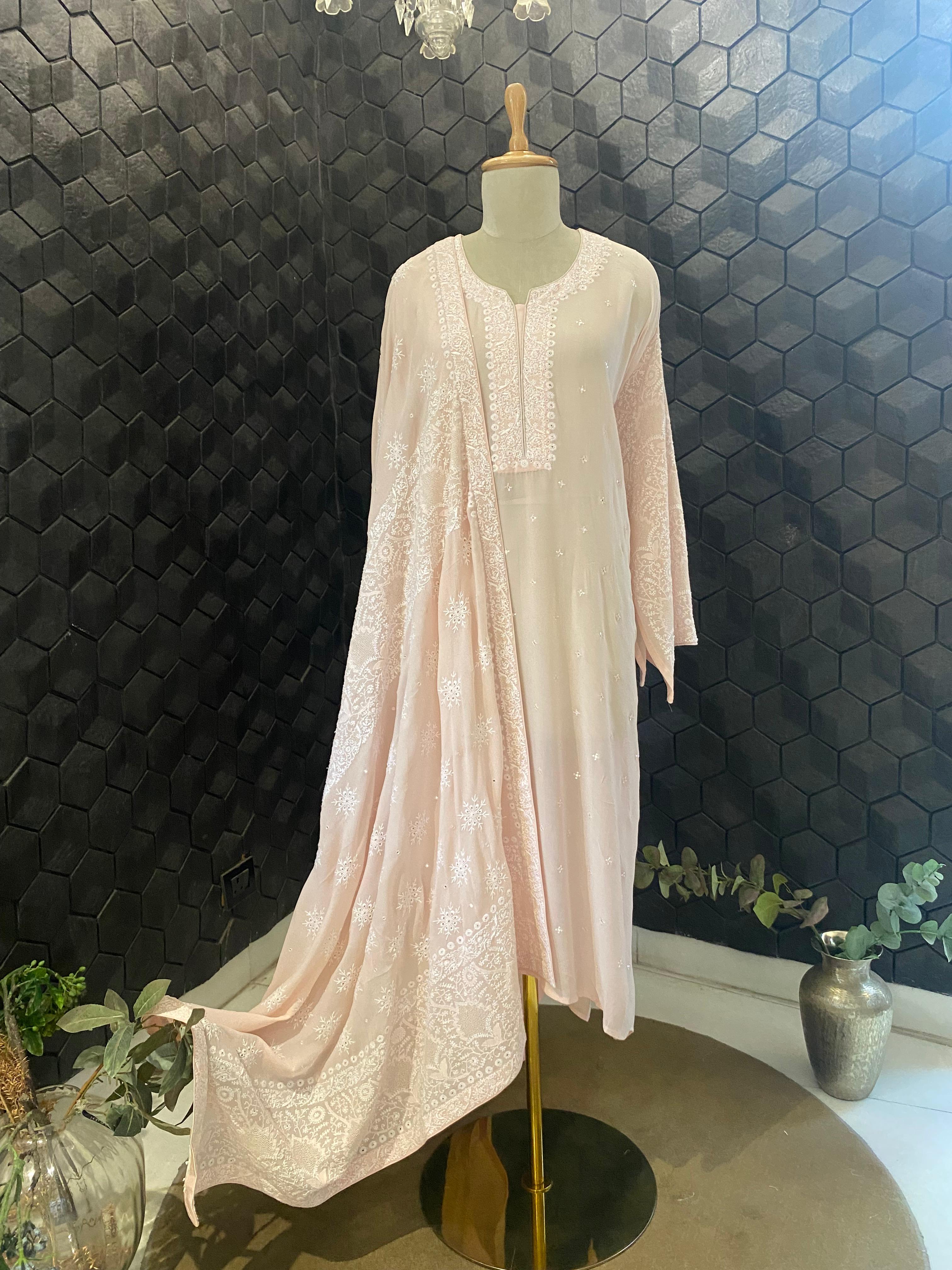 Pink Georgette Chikankari Kurta Set
