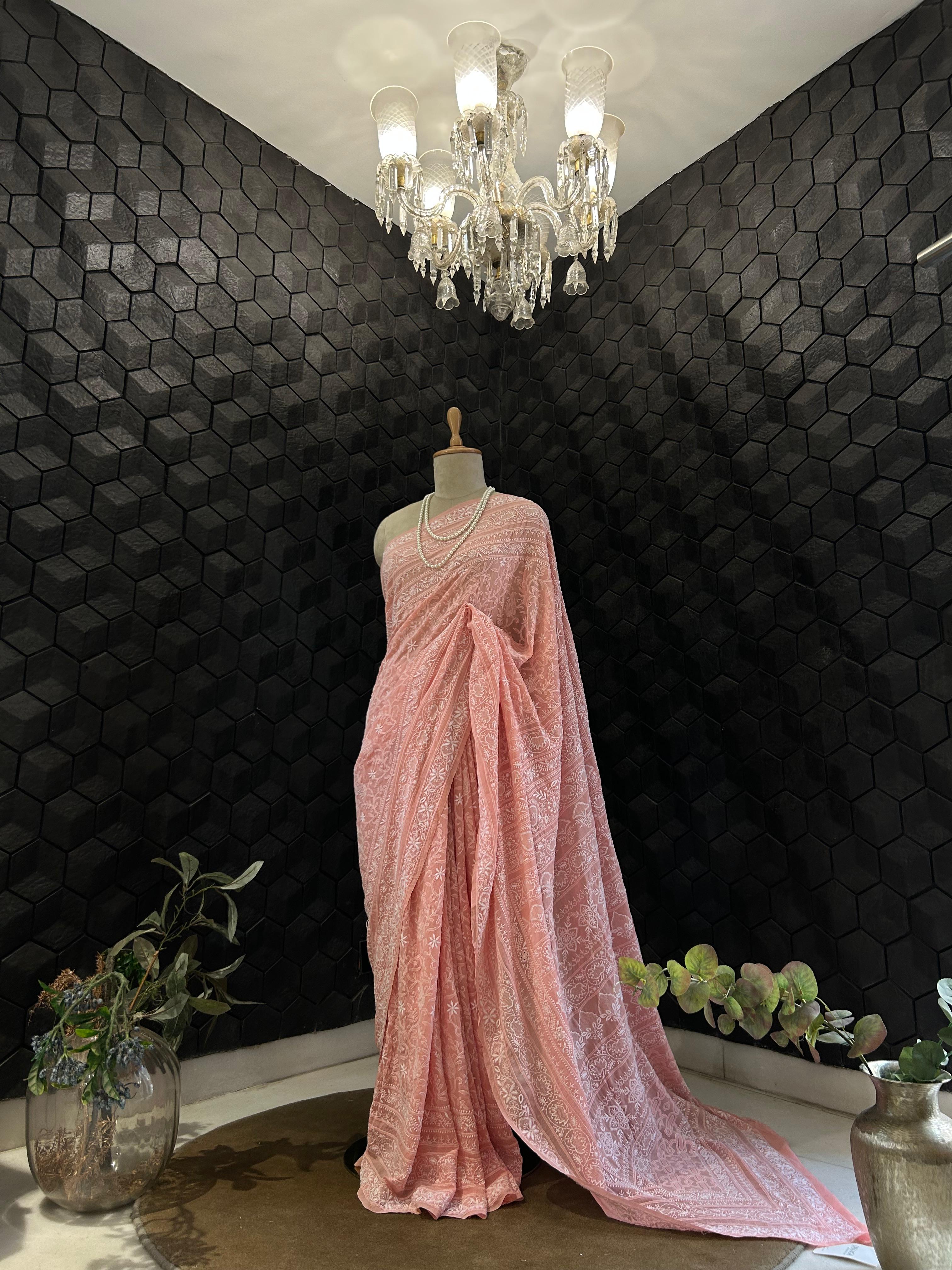 Pink georgette chikankari saree