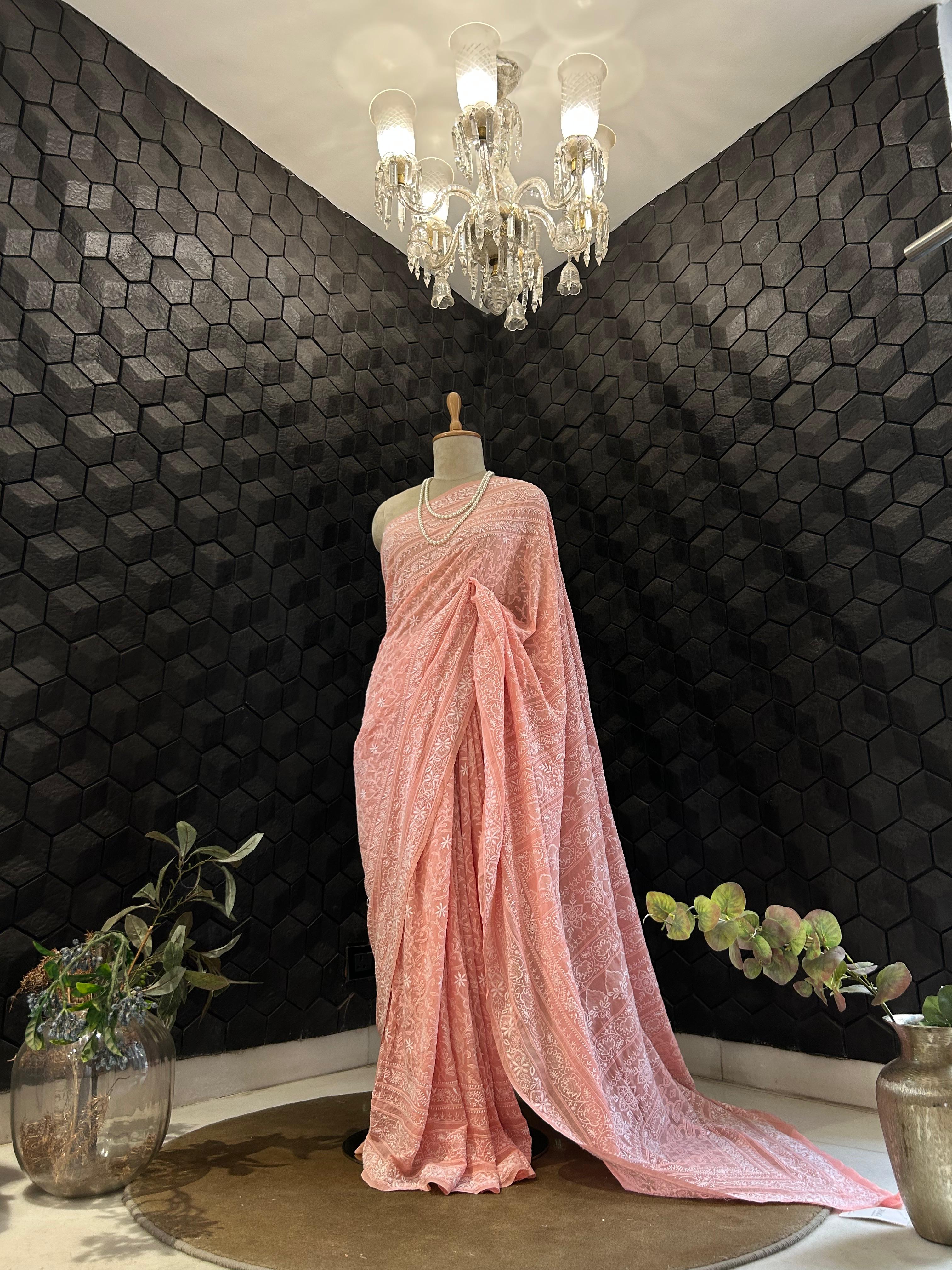 Pink georgette chikankari saree