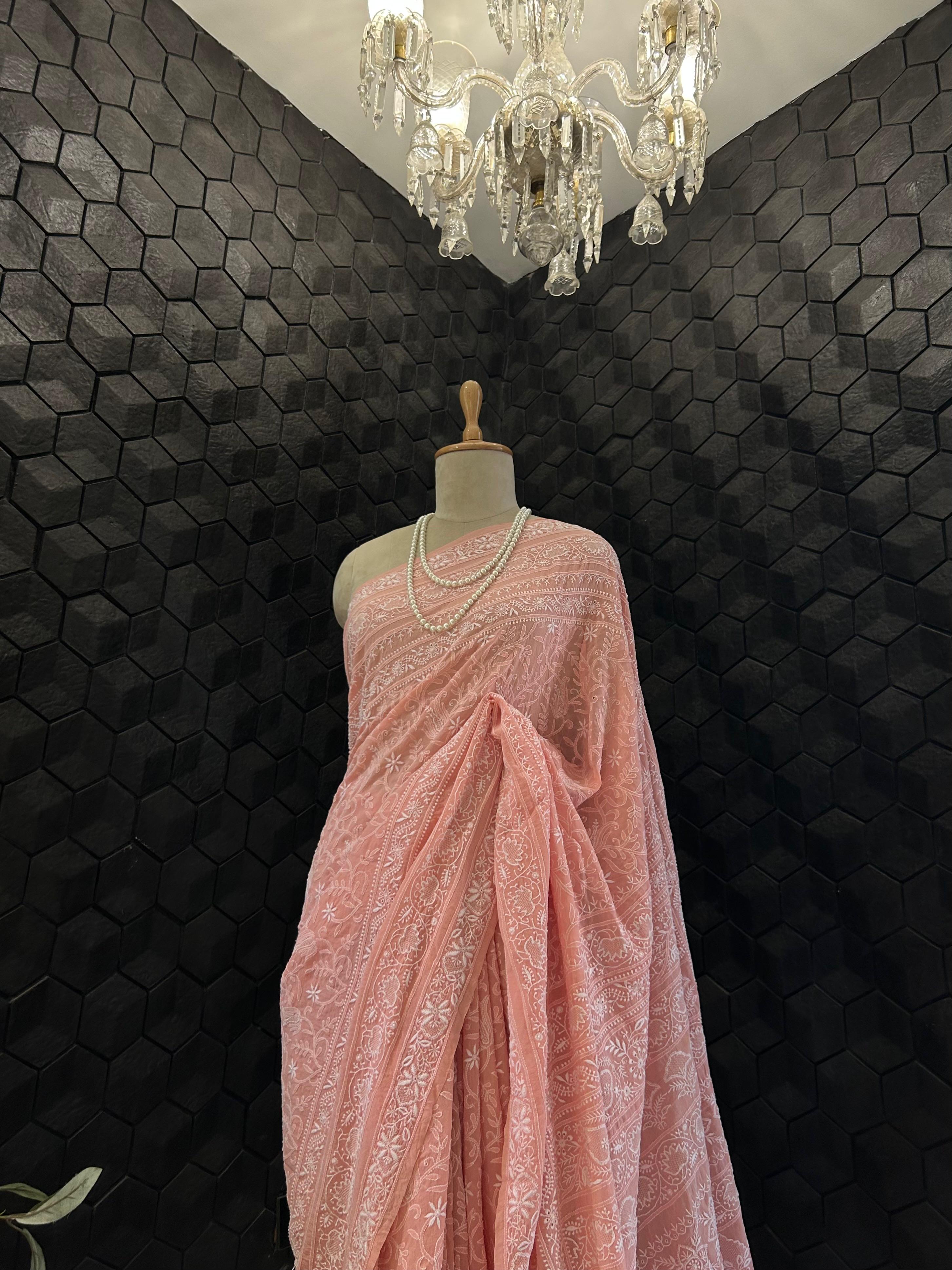 Pink georgette chikankari saree