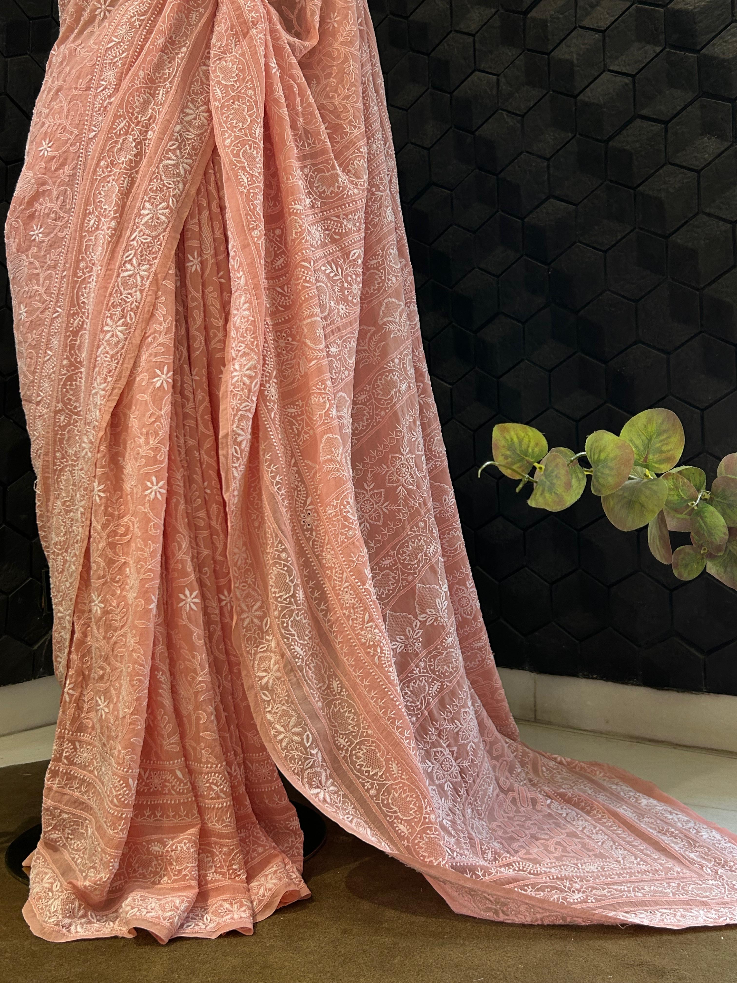 Pink georgette chikankari saree