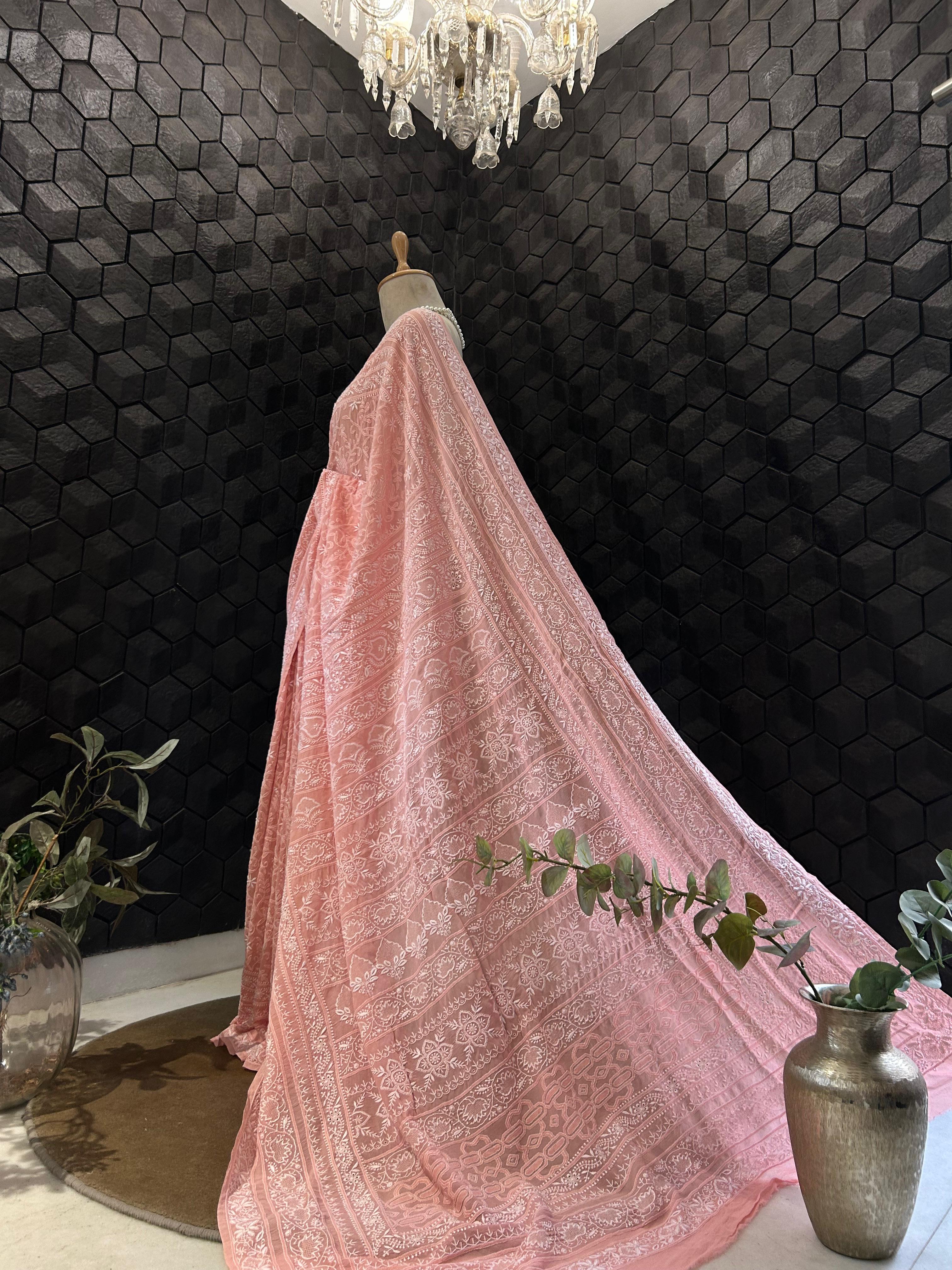 Pink georgette chikankari saree
