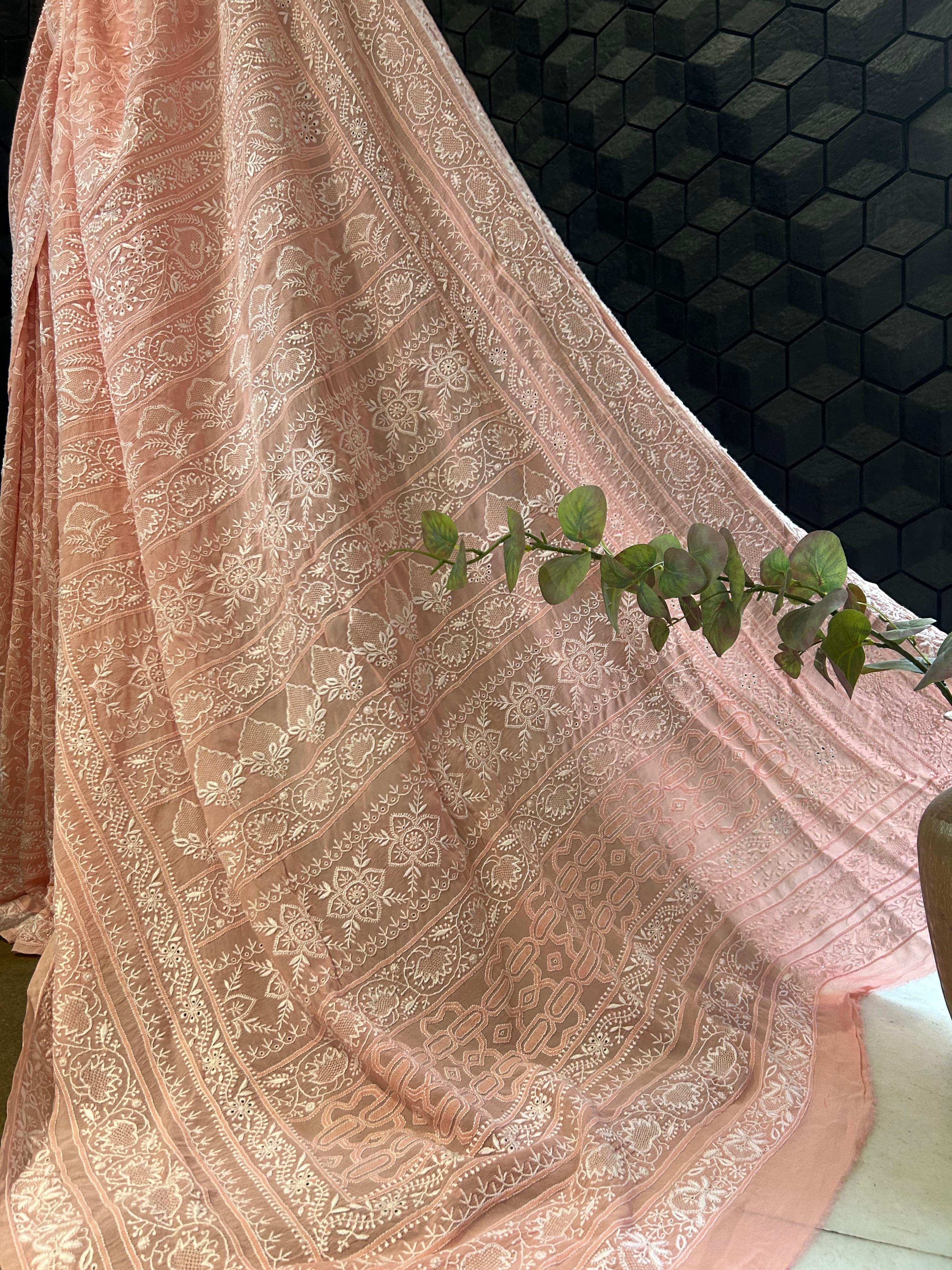 Pink georgette chikankari saree