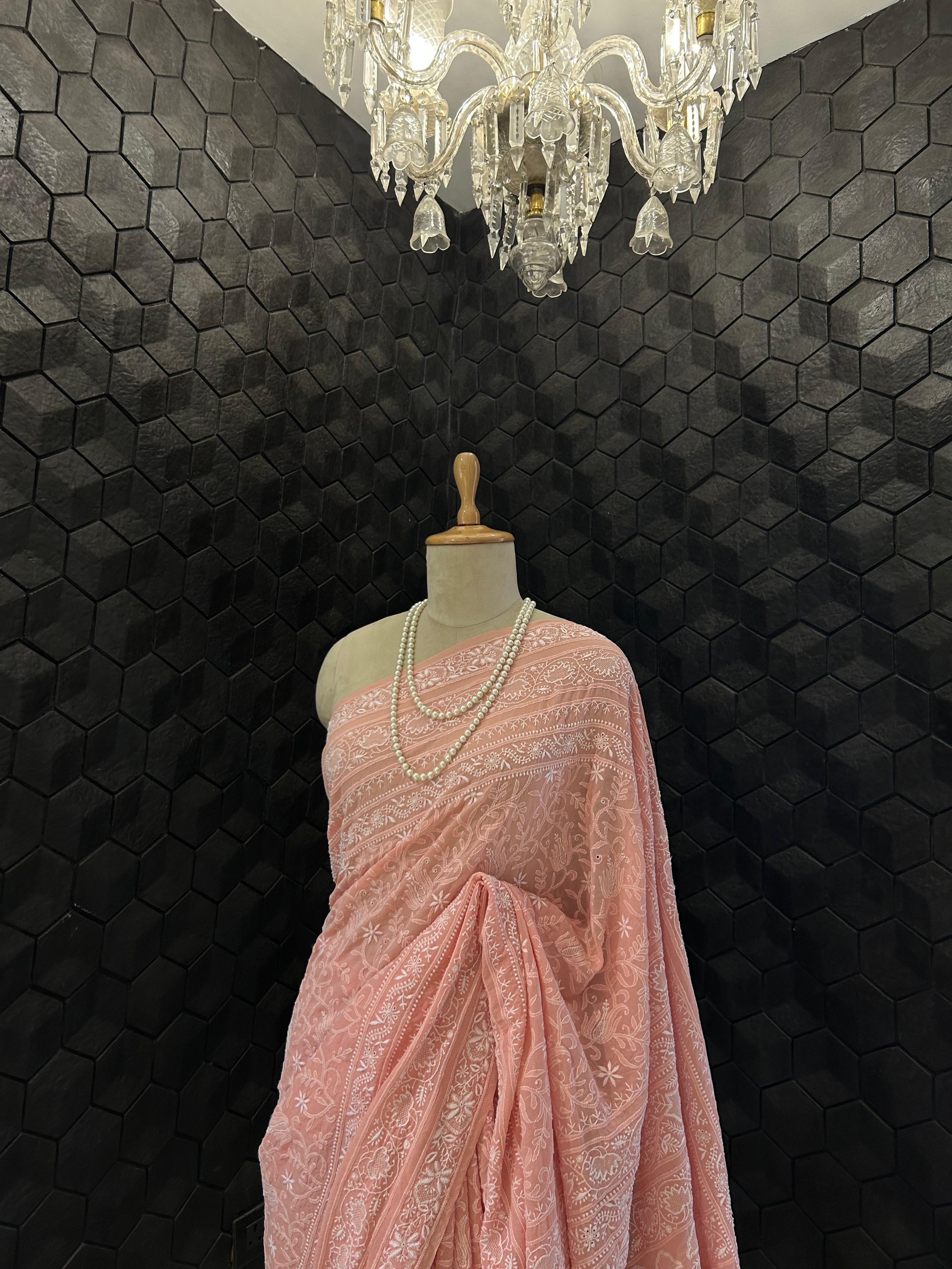 Pink georgette chikankari saree