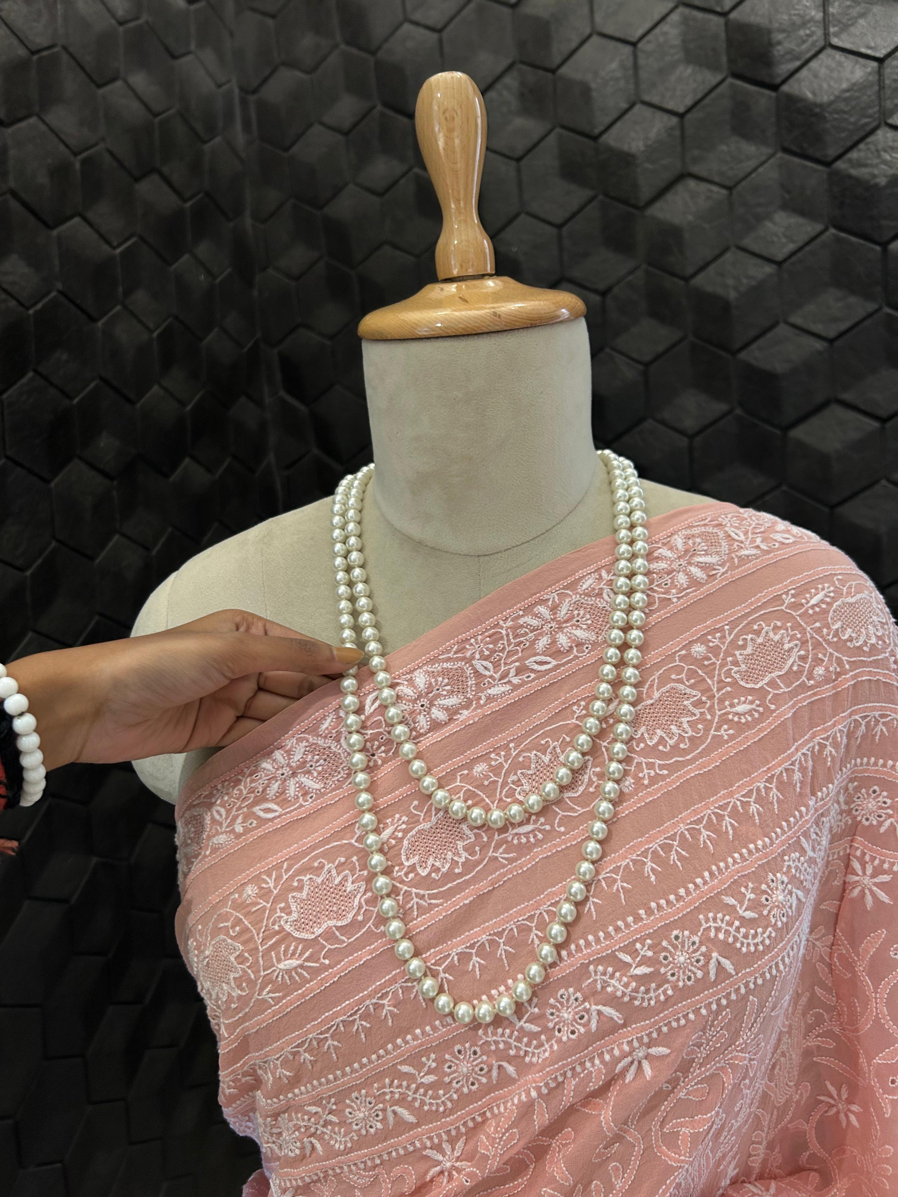 Pink georgette chikankari saree