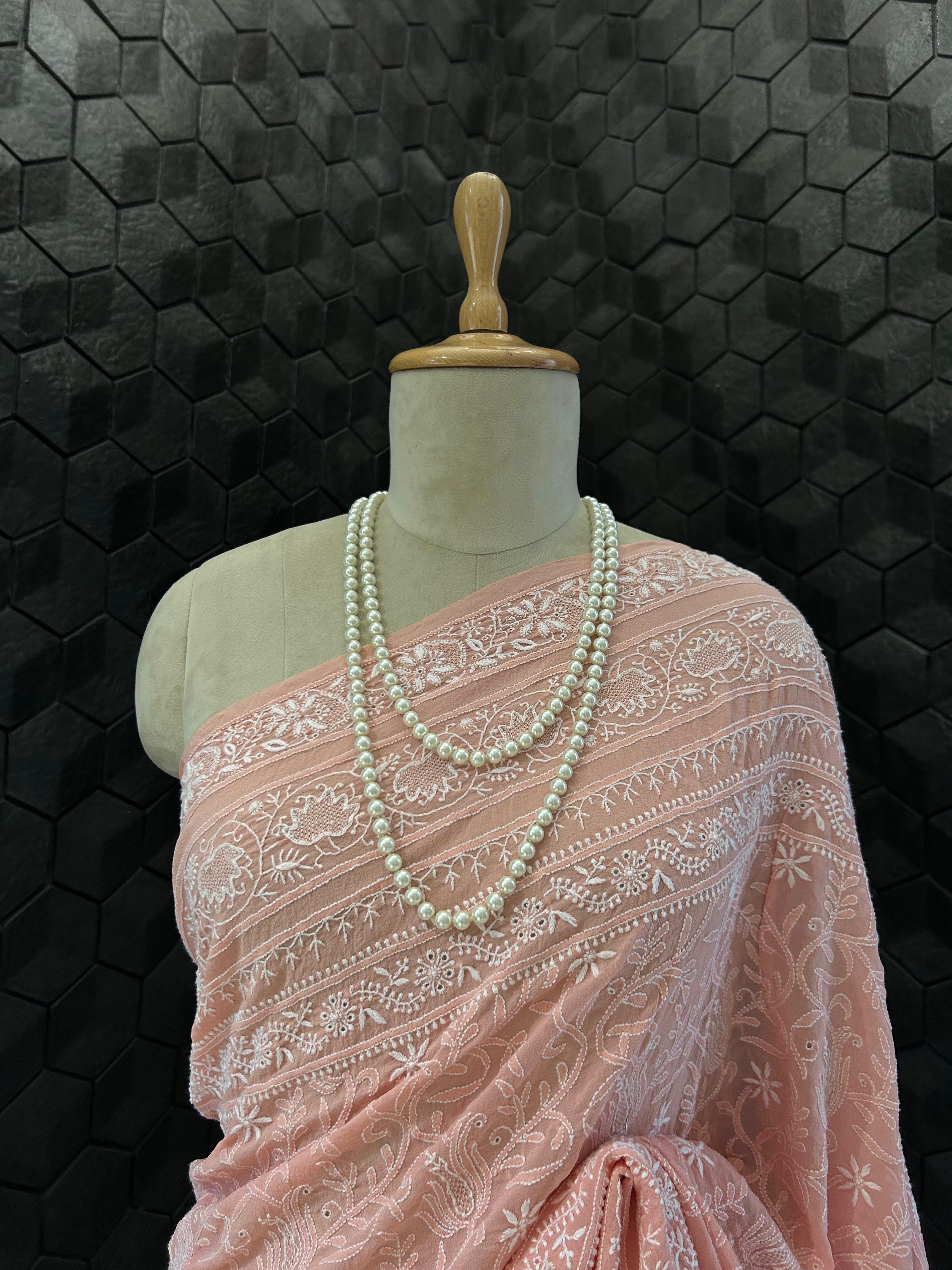 Pink georgette chikankari saree