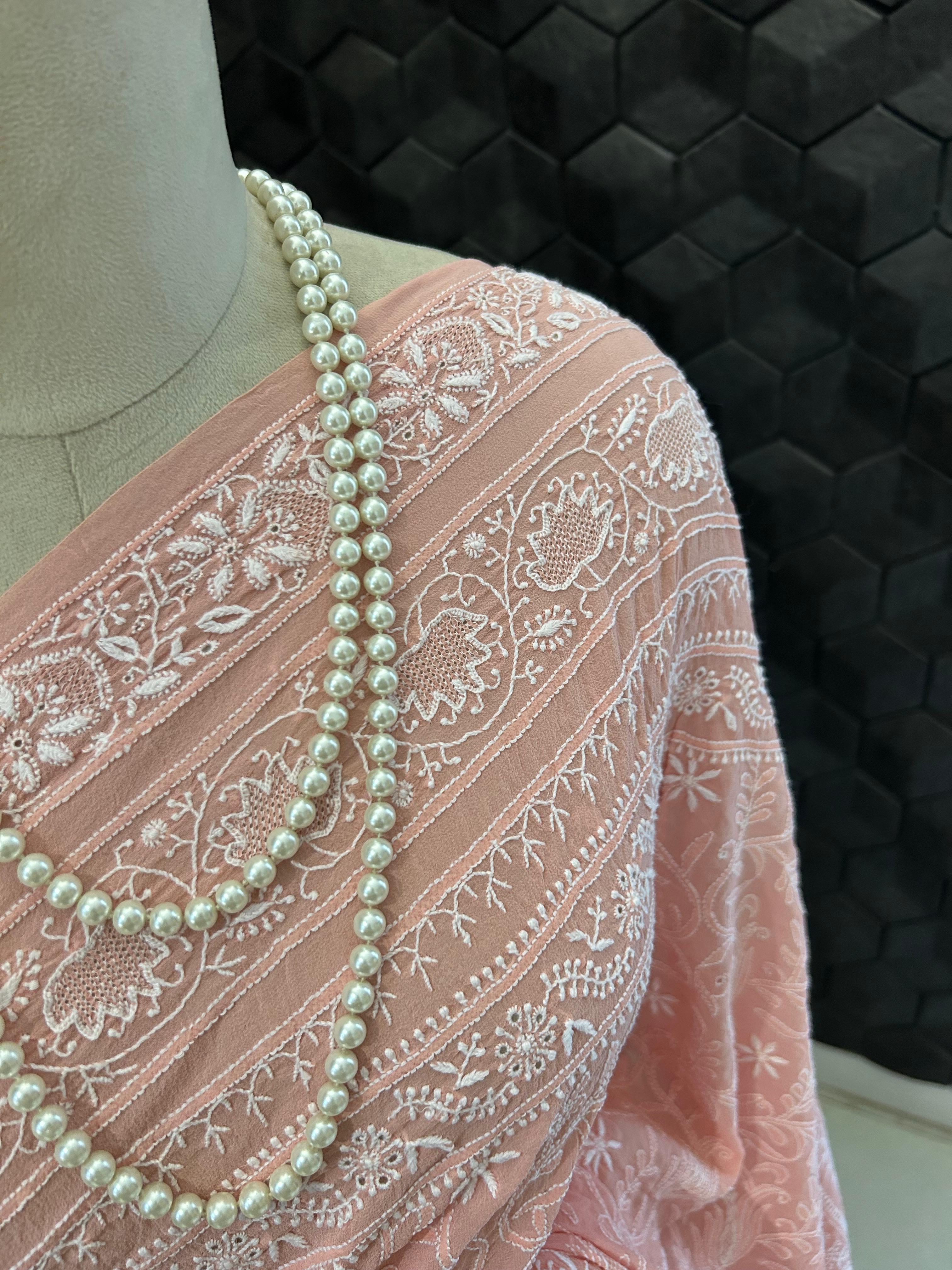 Pink georgette chikankari saree