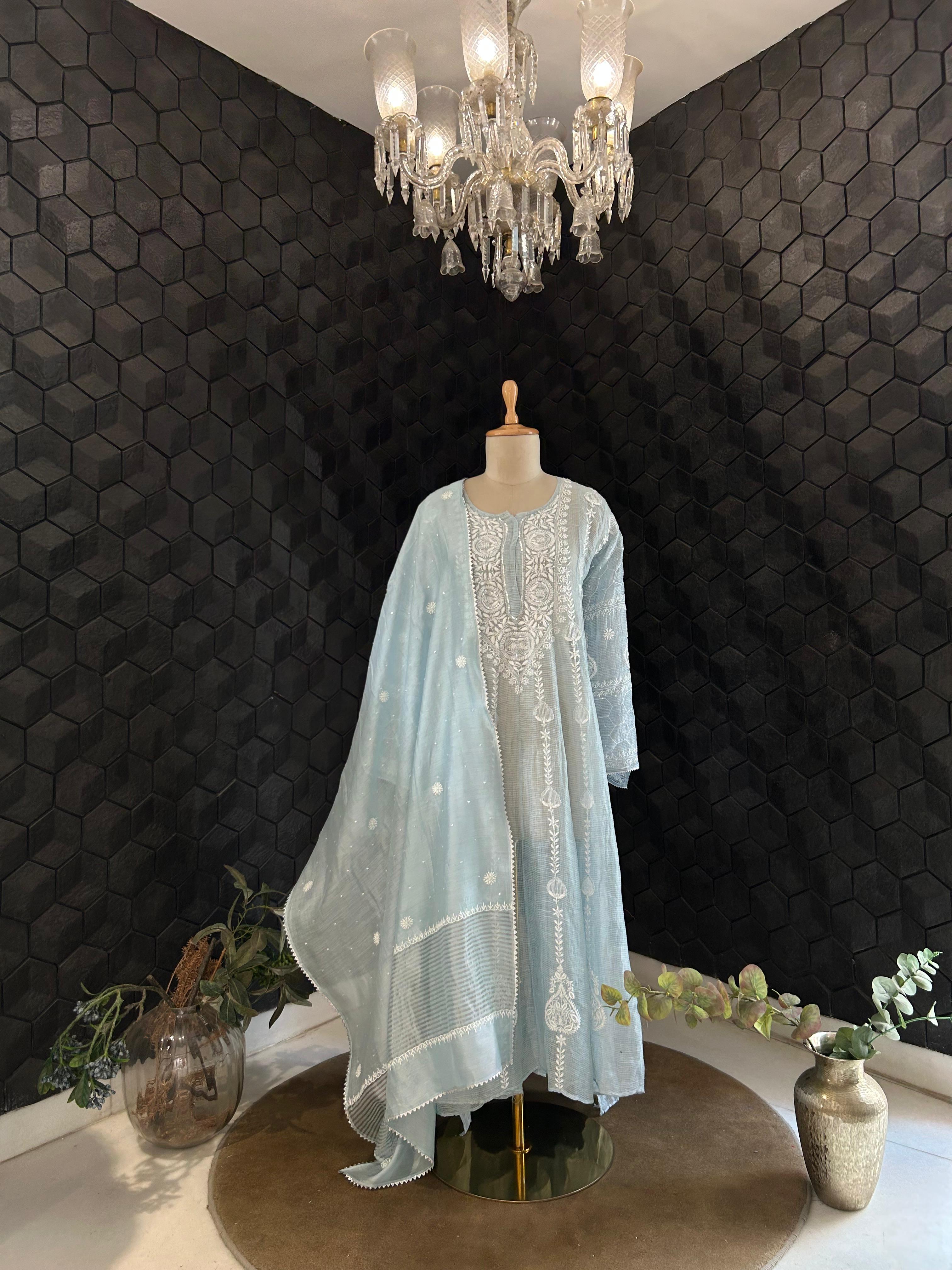 Silver Blue Tissue Kota Chikankari Anarkali Set