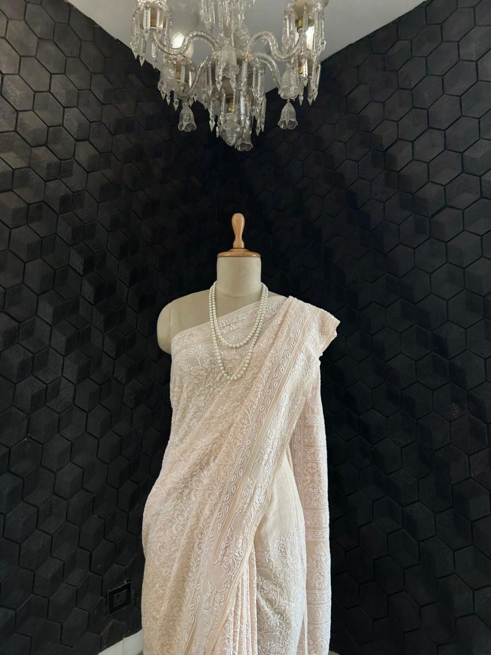 Pastel Peach Georgette Chikankari Saree