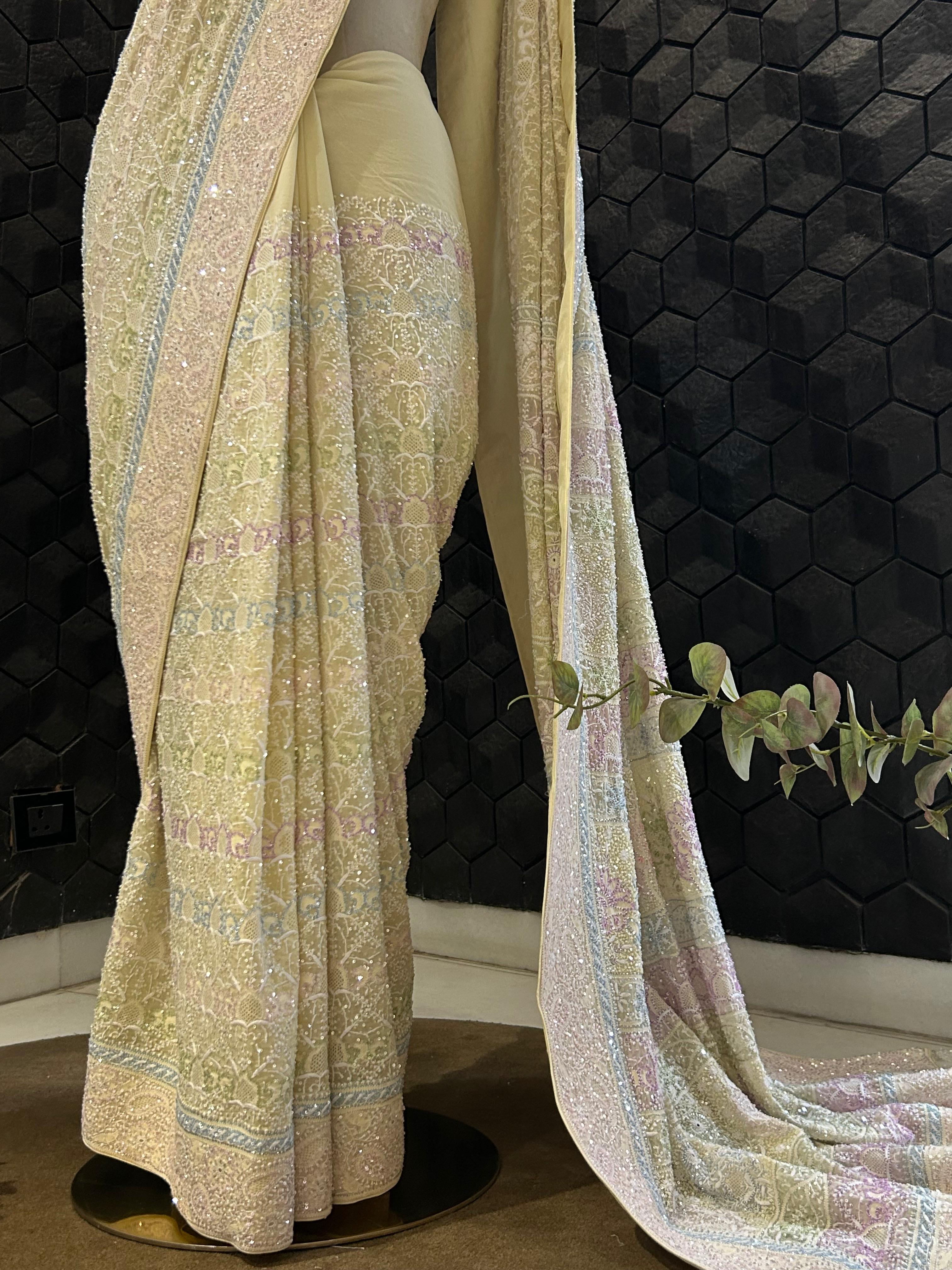 Yellow georgette ek-taar chikankari saree