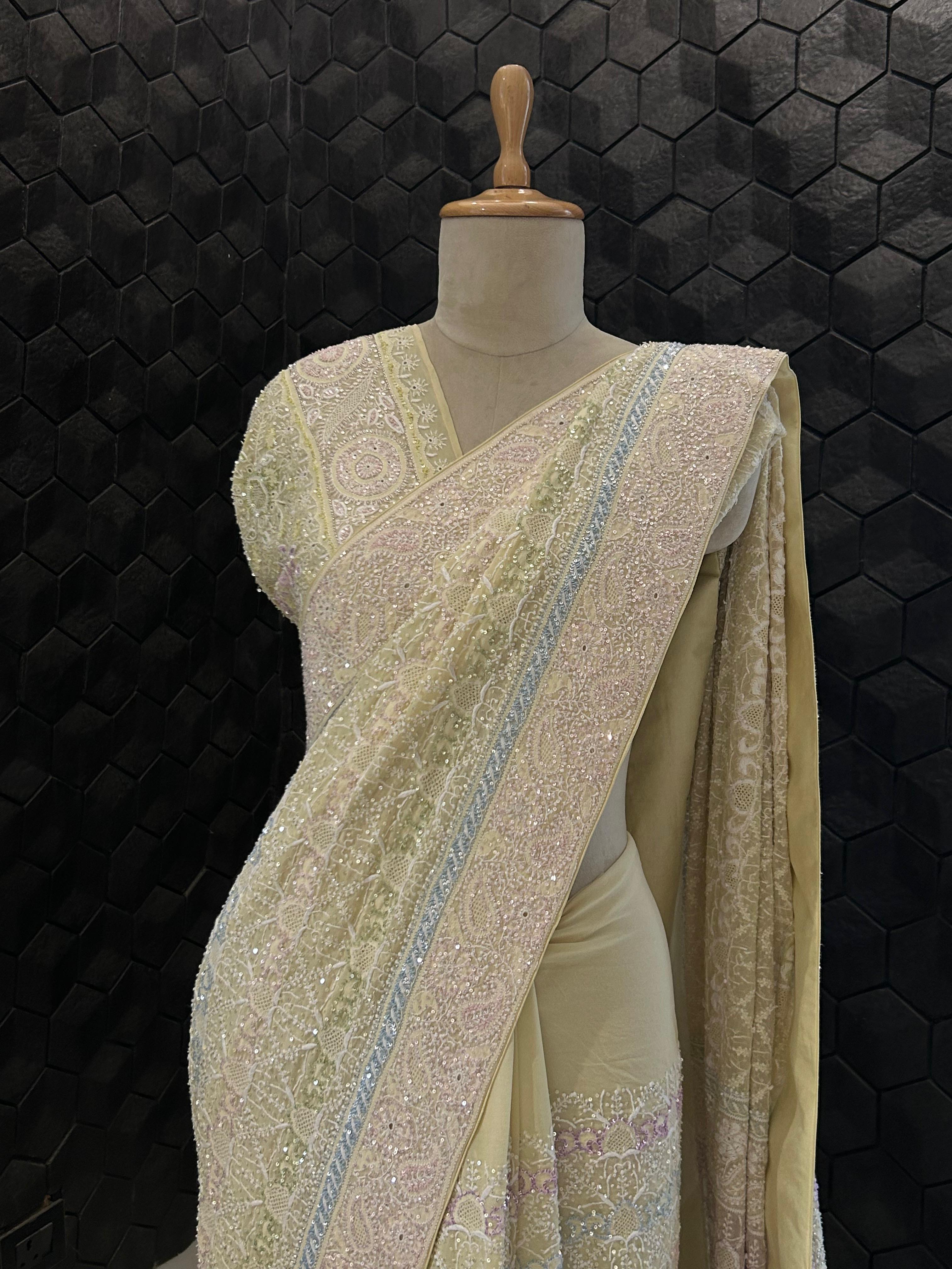 Yellow georgette ek-taar chikankari saree