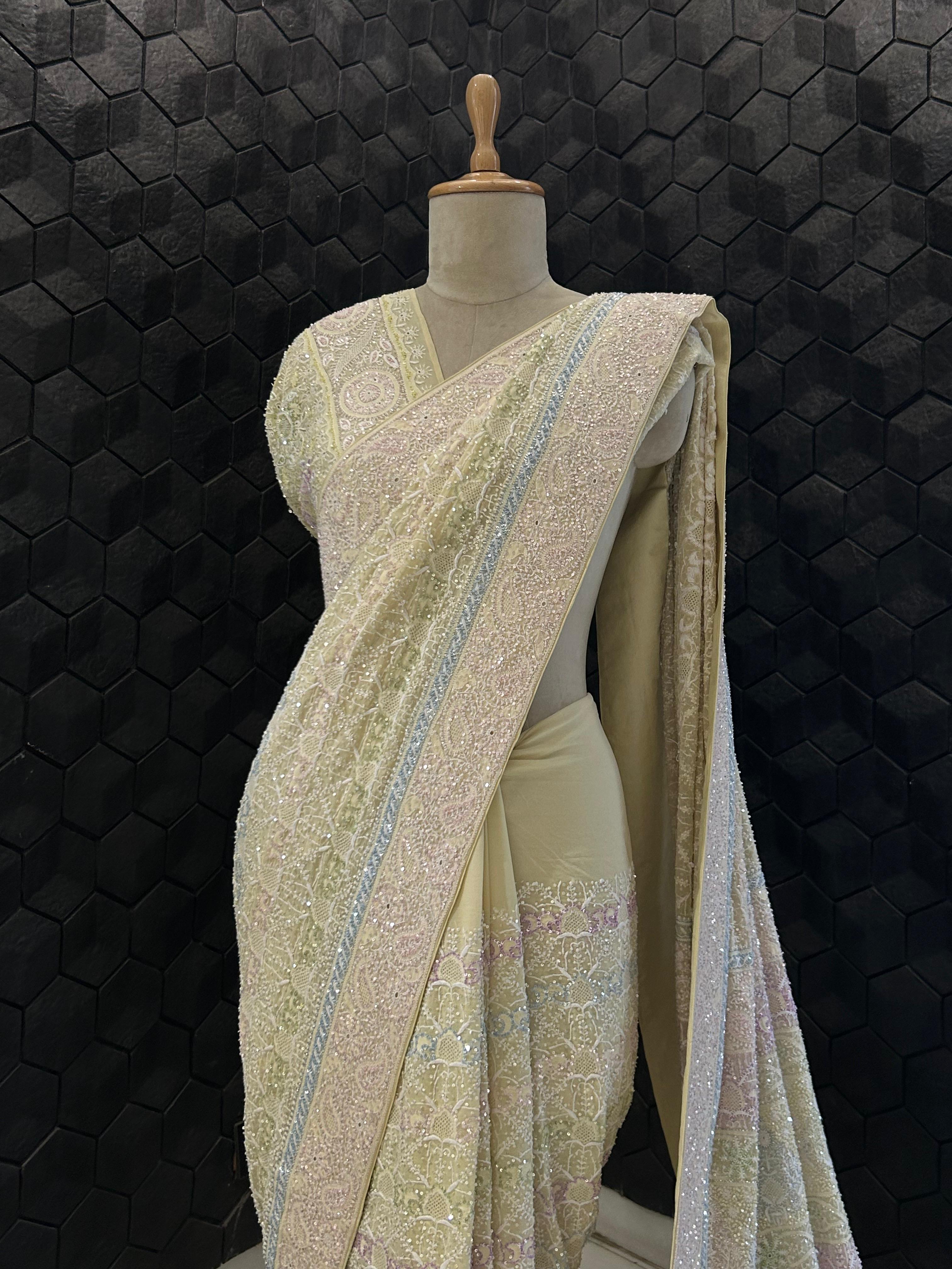 Yellow georgette ek-taar chikankari saree