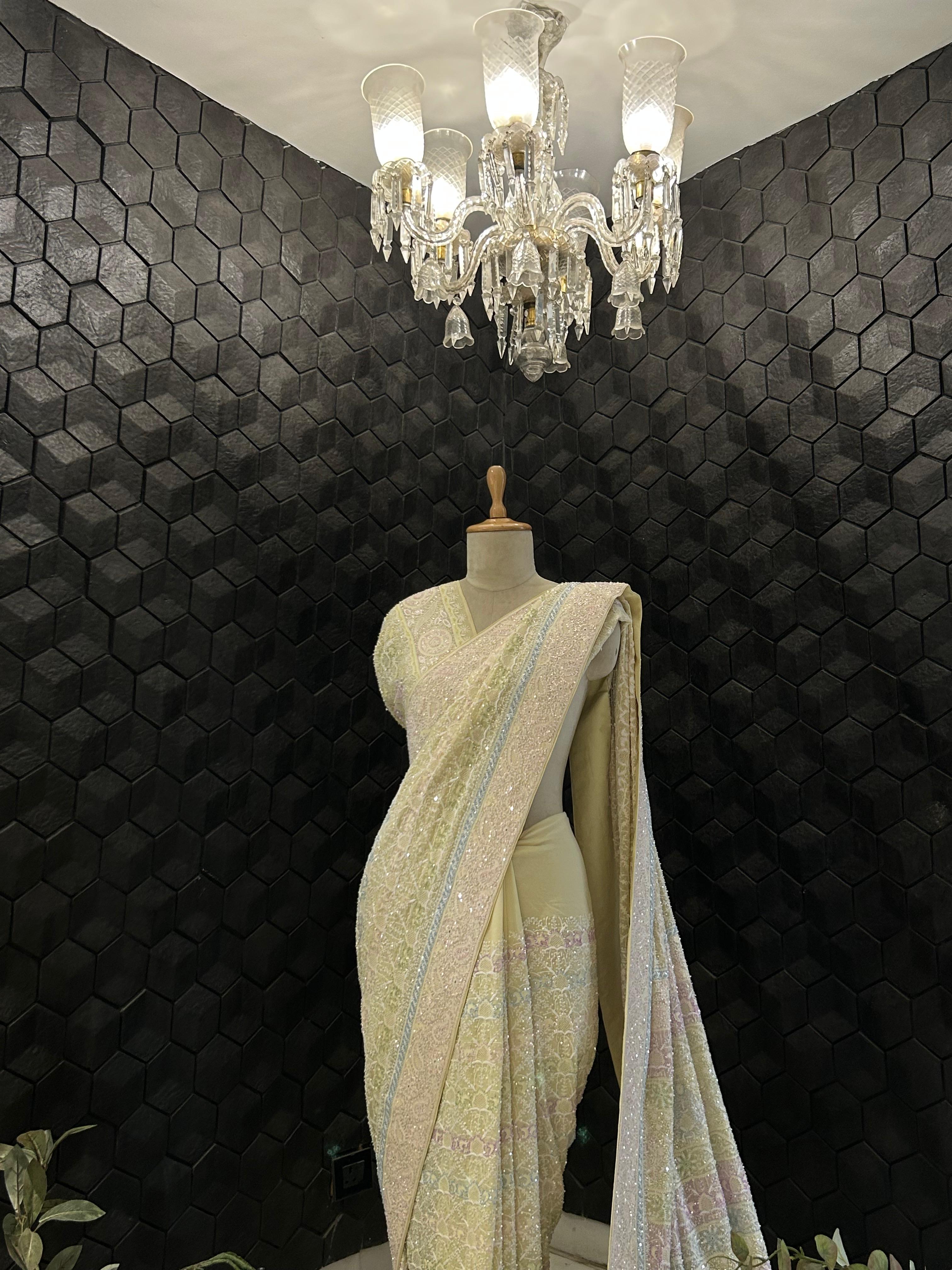 Yellow georgette ek-taar chikankari saree