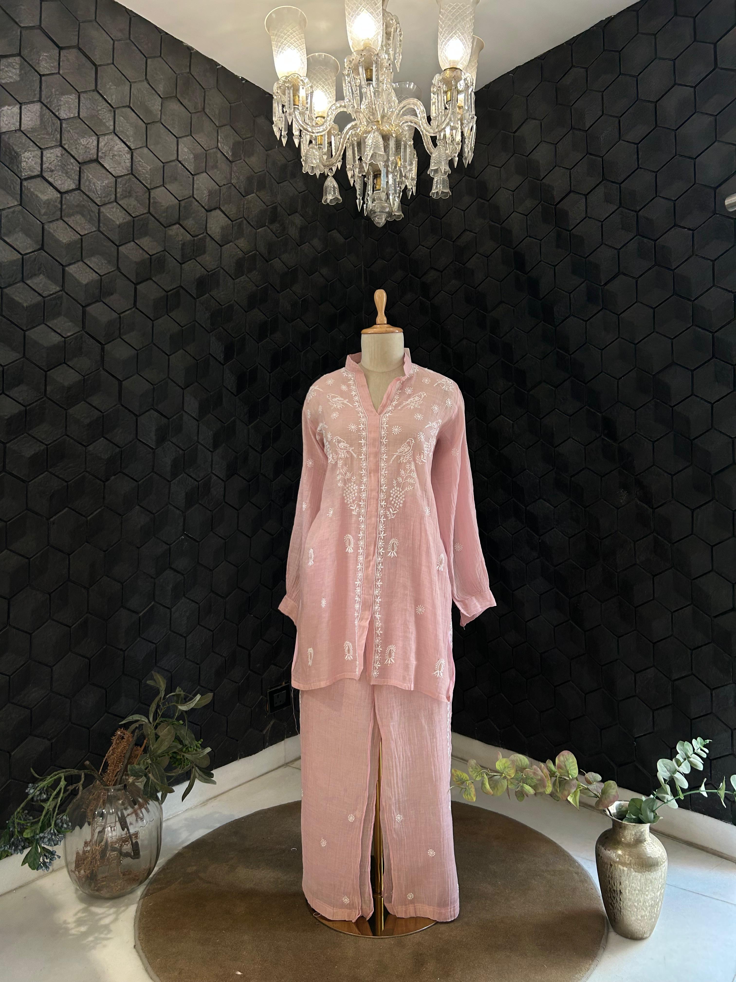 Pink tissue chikankari co-ord set