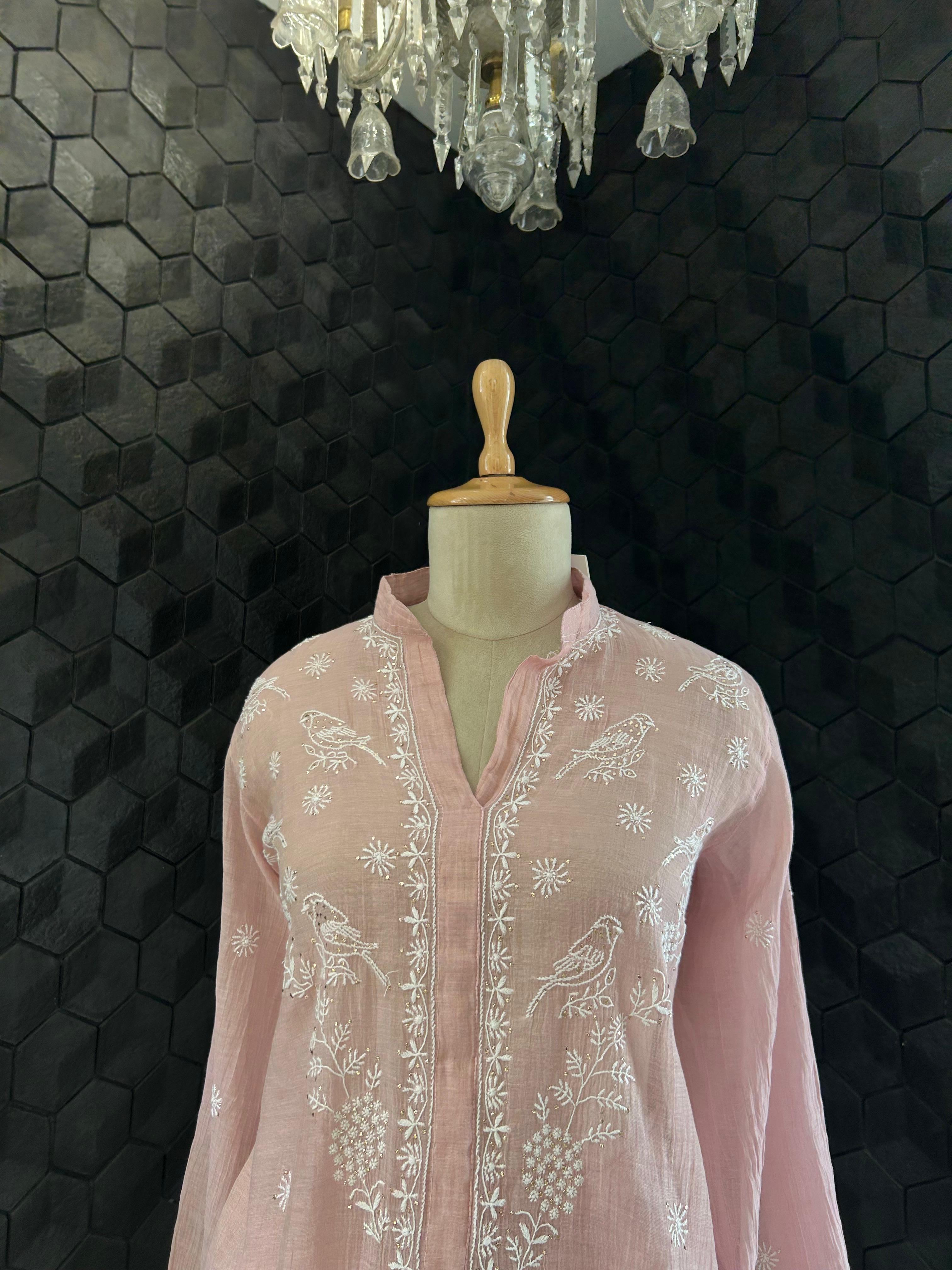 Pink tissue chikankari co-ord set