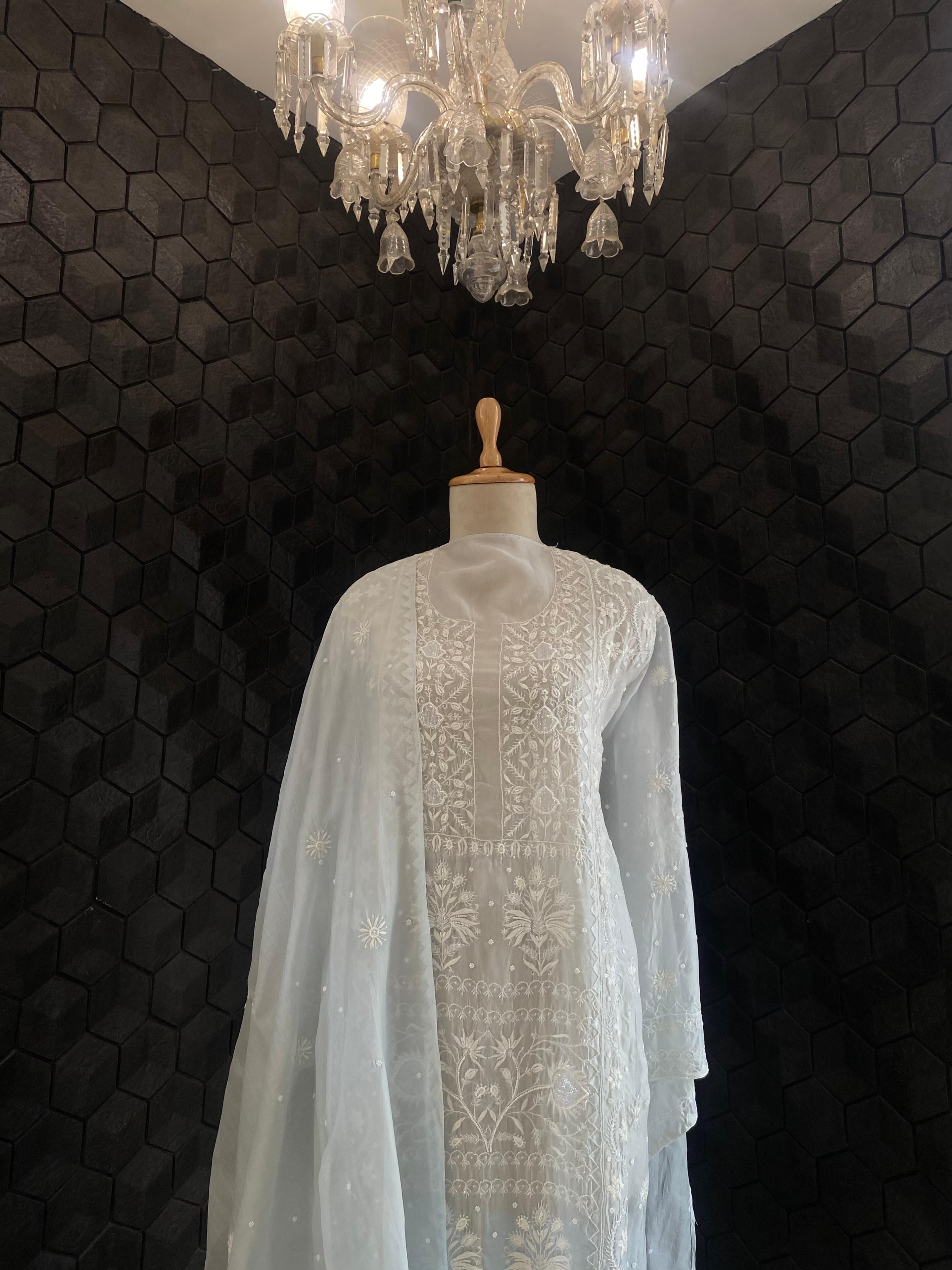 Blue organza chikankari kurta set