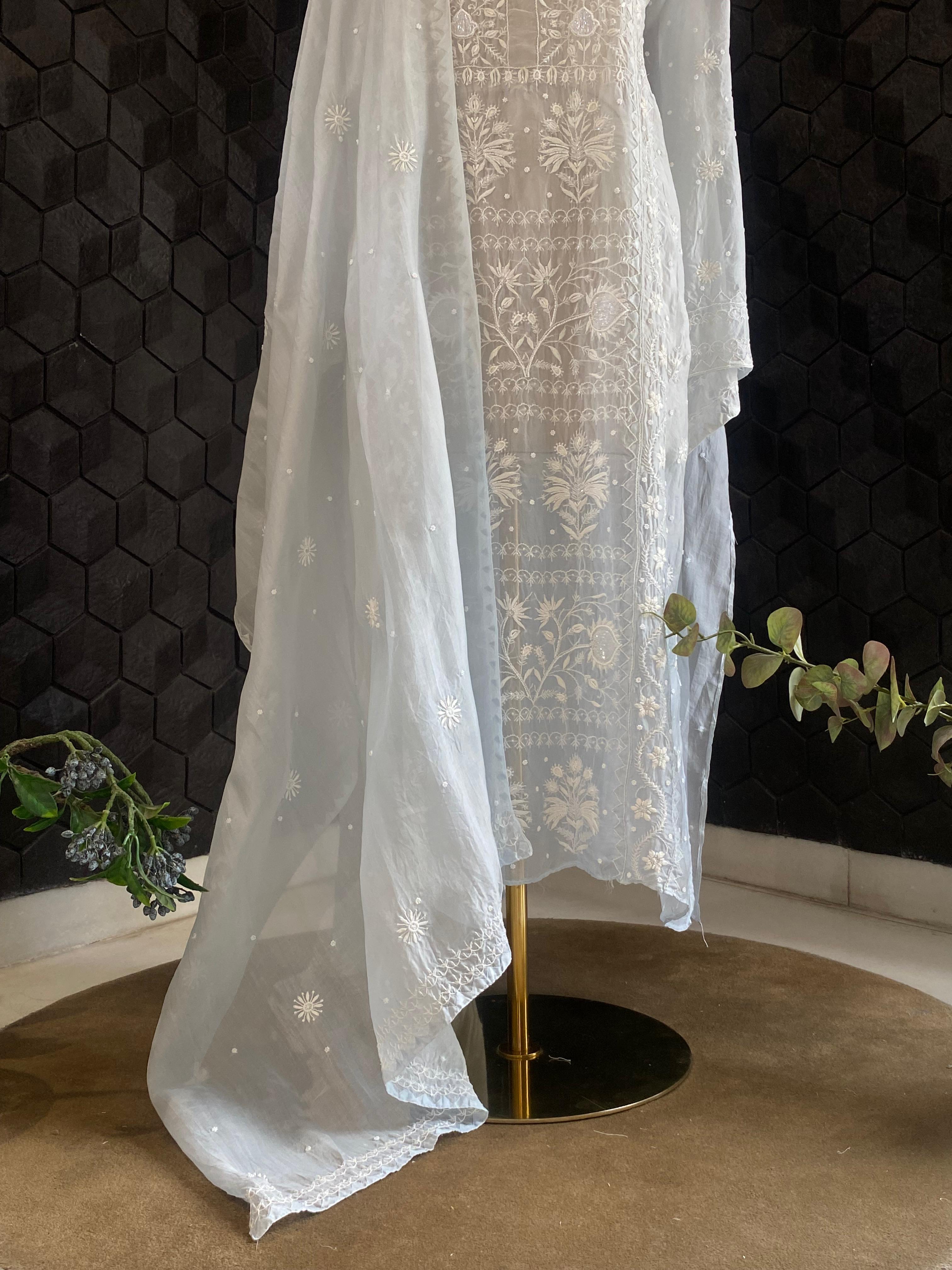 Blue organza chikankari kurta set