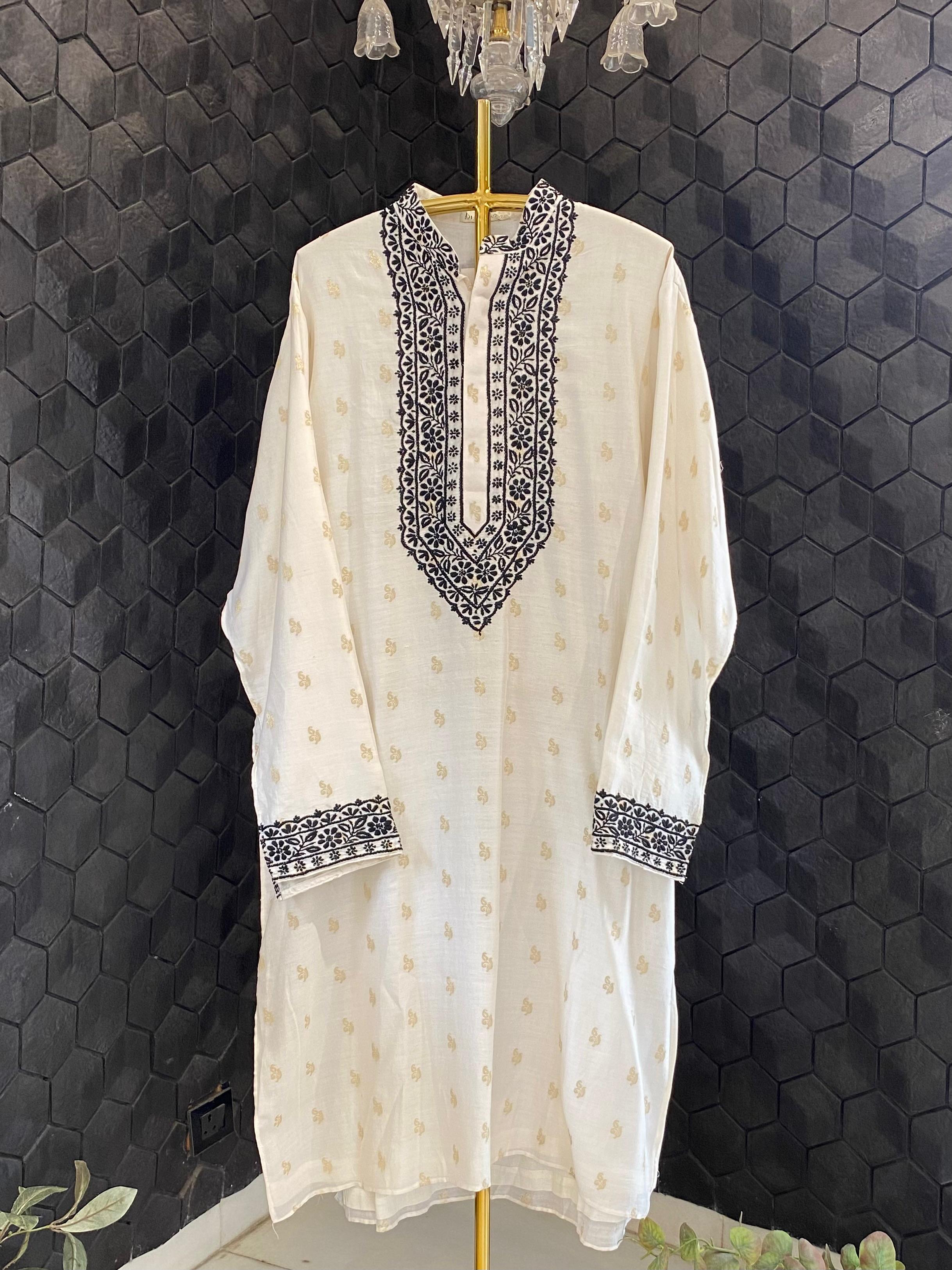 White chanderi chikankari men kurta