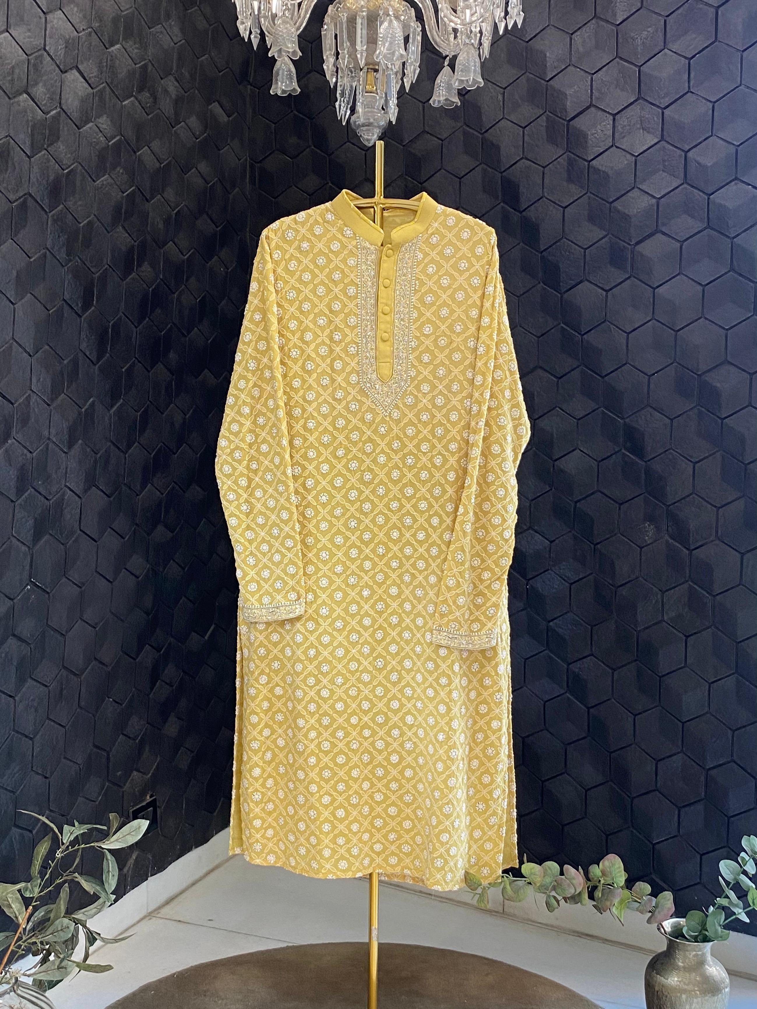 Lime green georgette chikankari men kurta