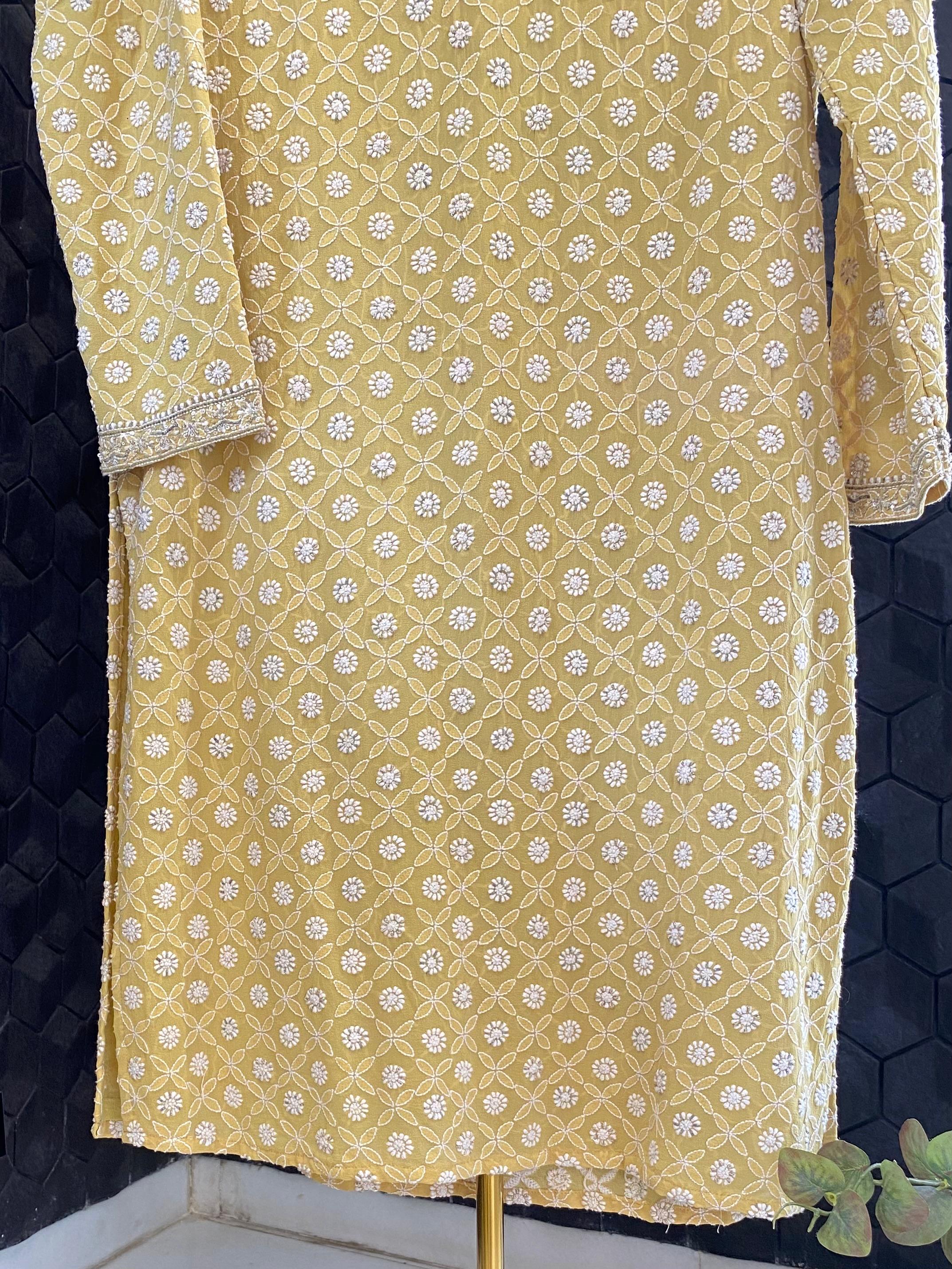 Lime green georgette chikankari men kurta