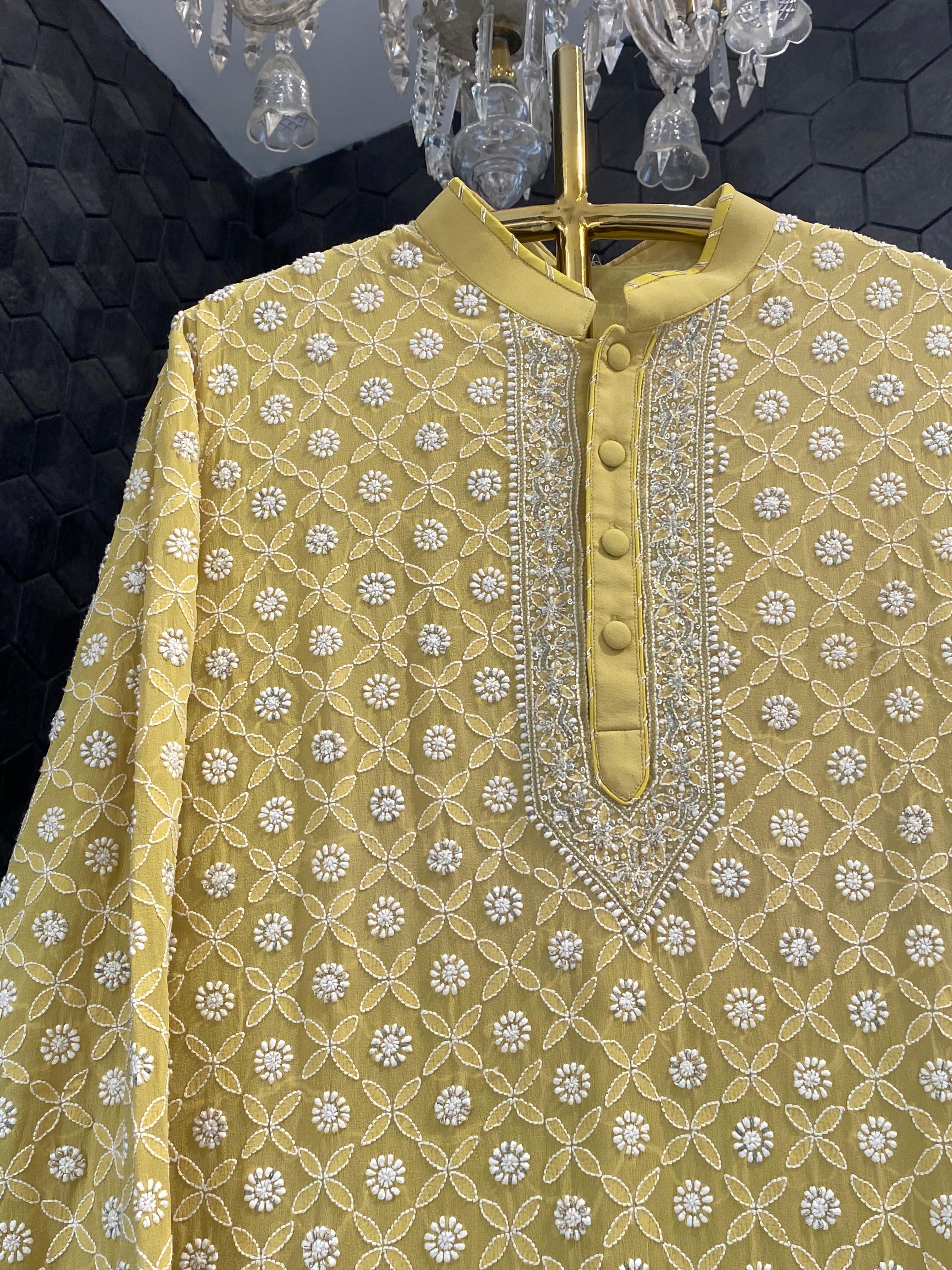 Lime green georgette chikankari men kurta