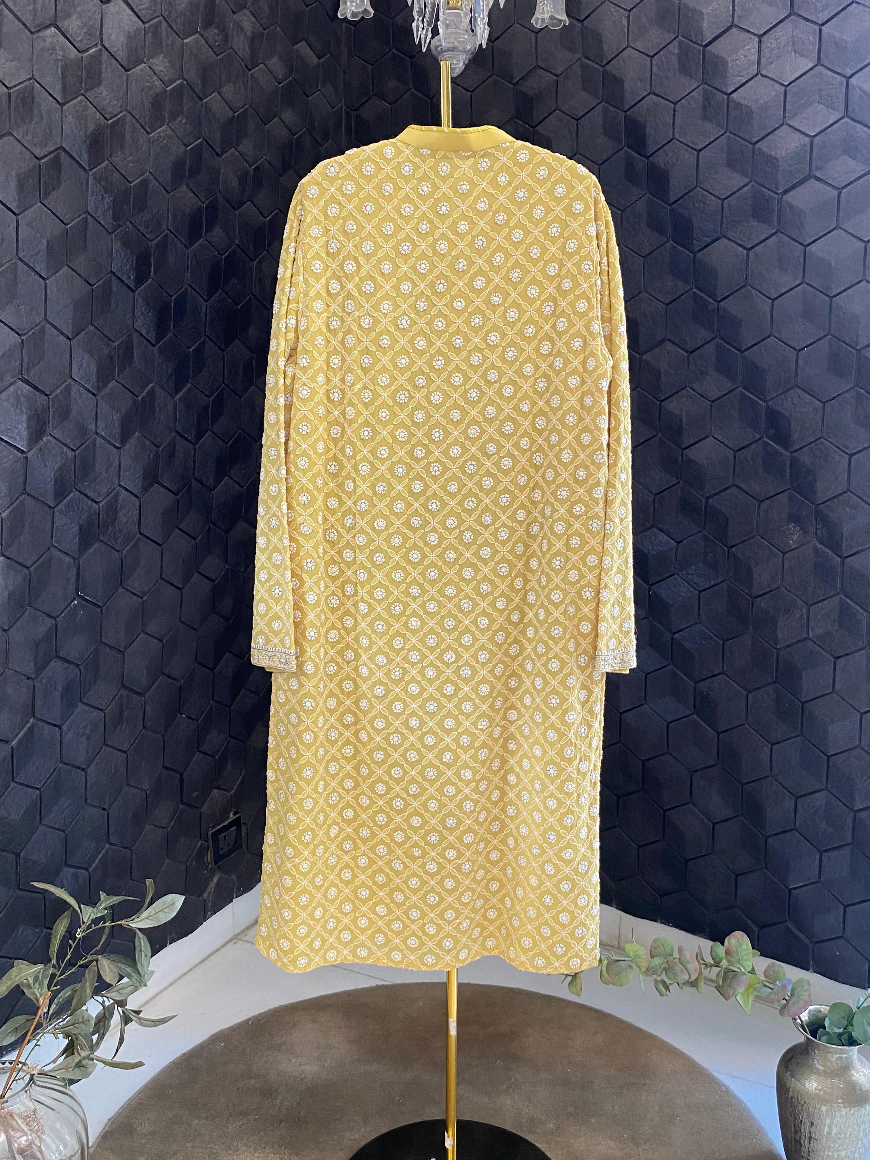 Lime green georgette chikankari men kurta