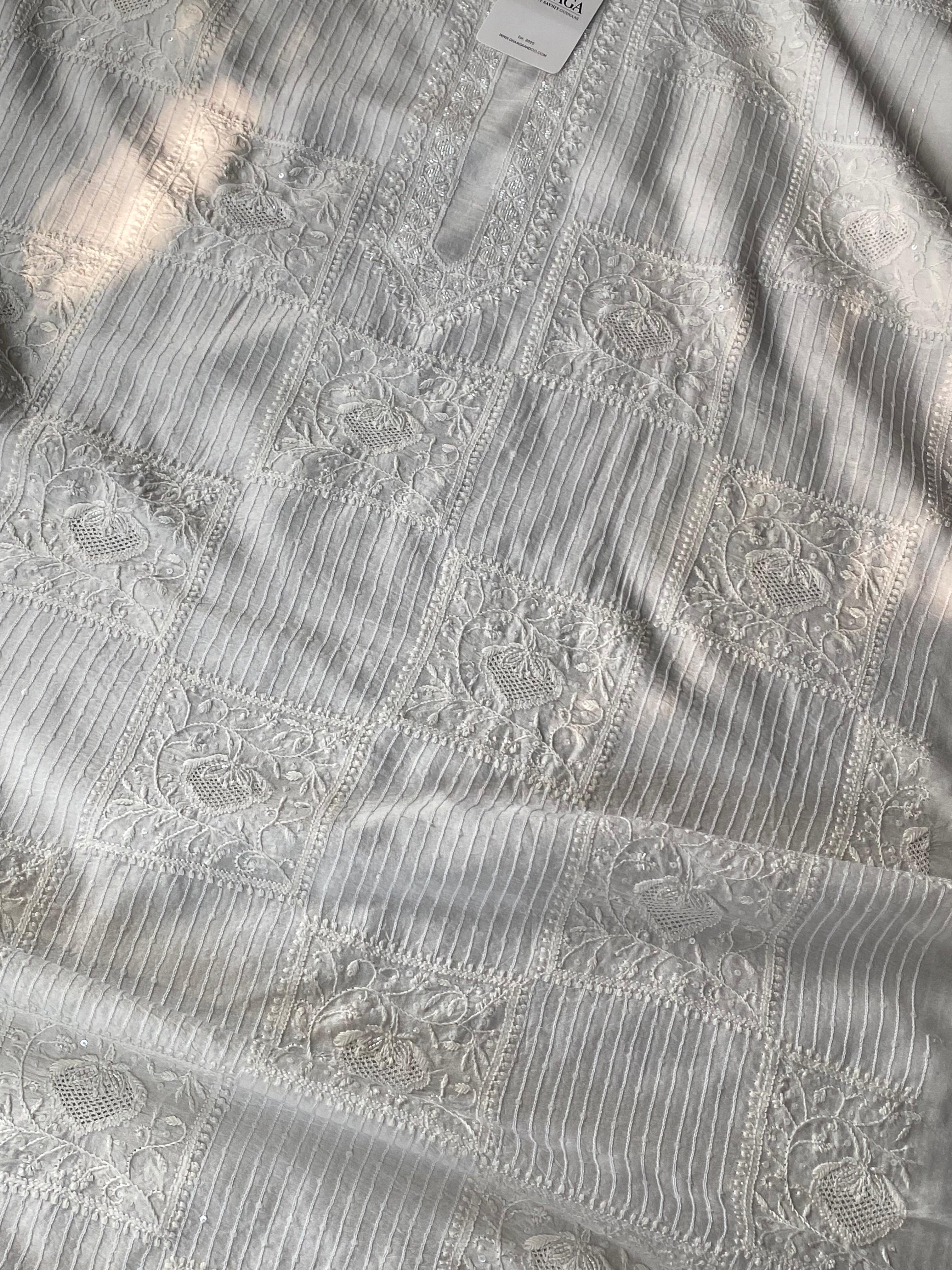 White chanderi chikankari men kurta