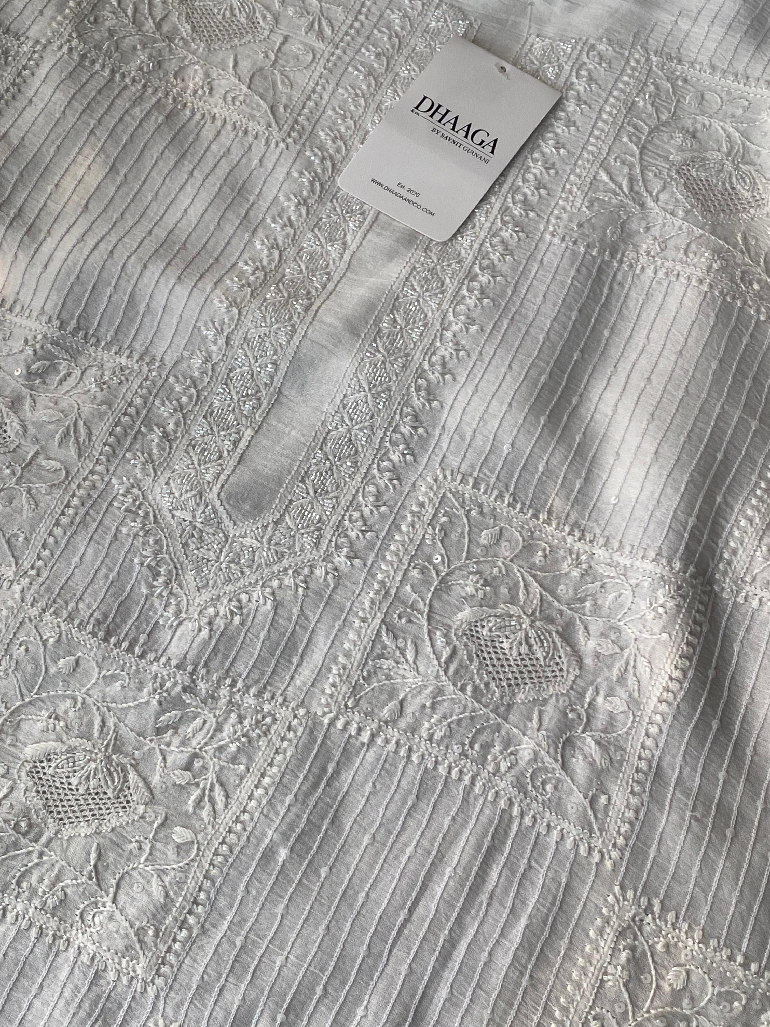White chanderi chikankari men kurta