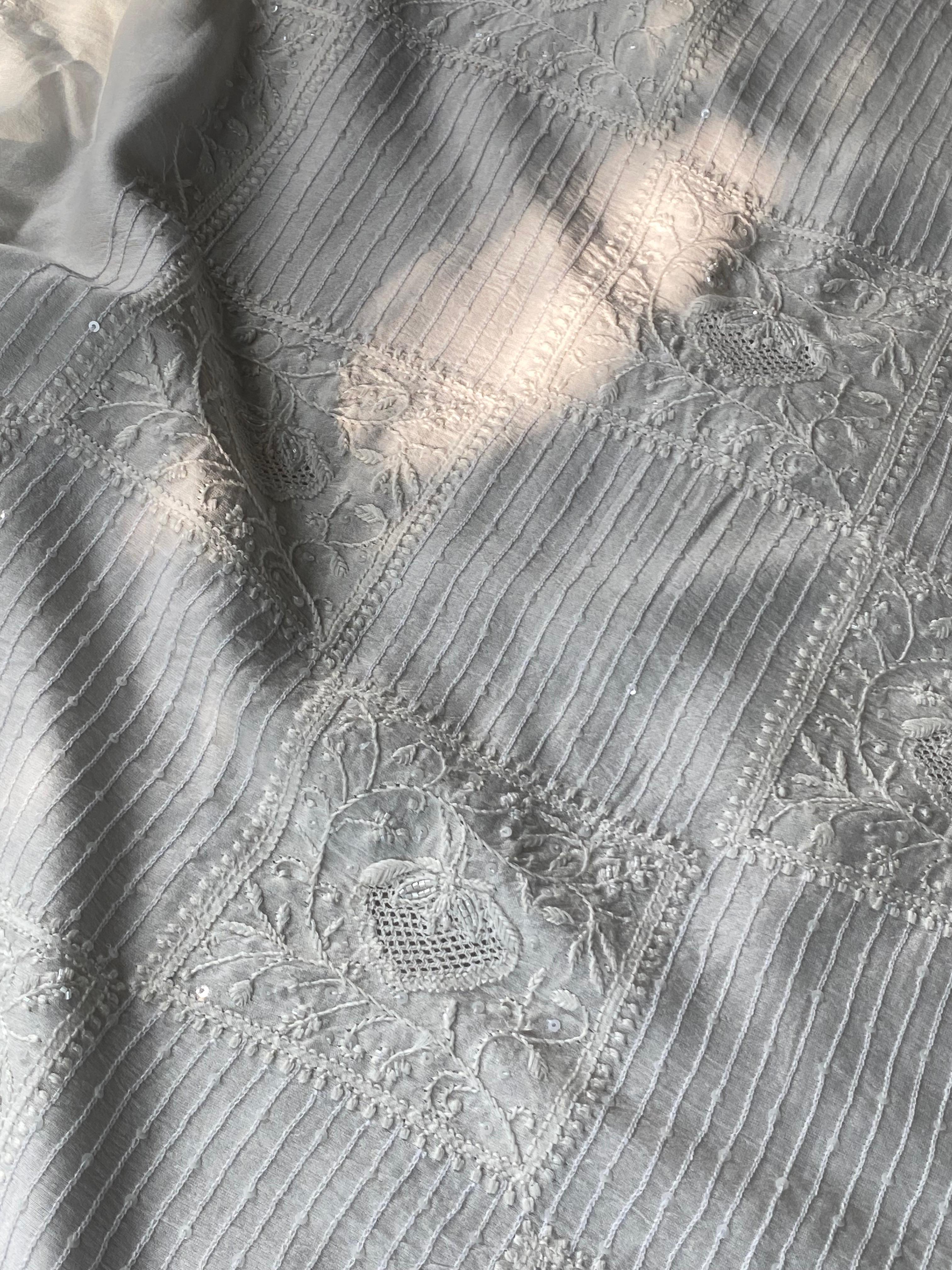 White chanderi chikankari men kurta