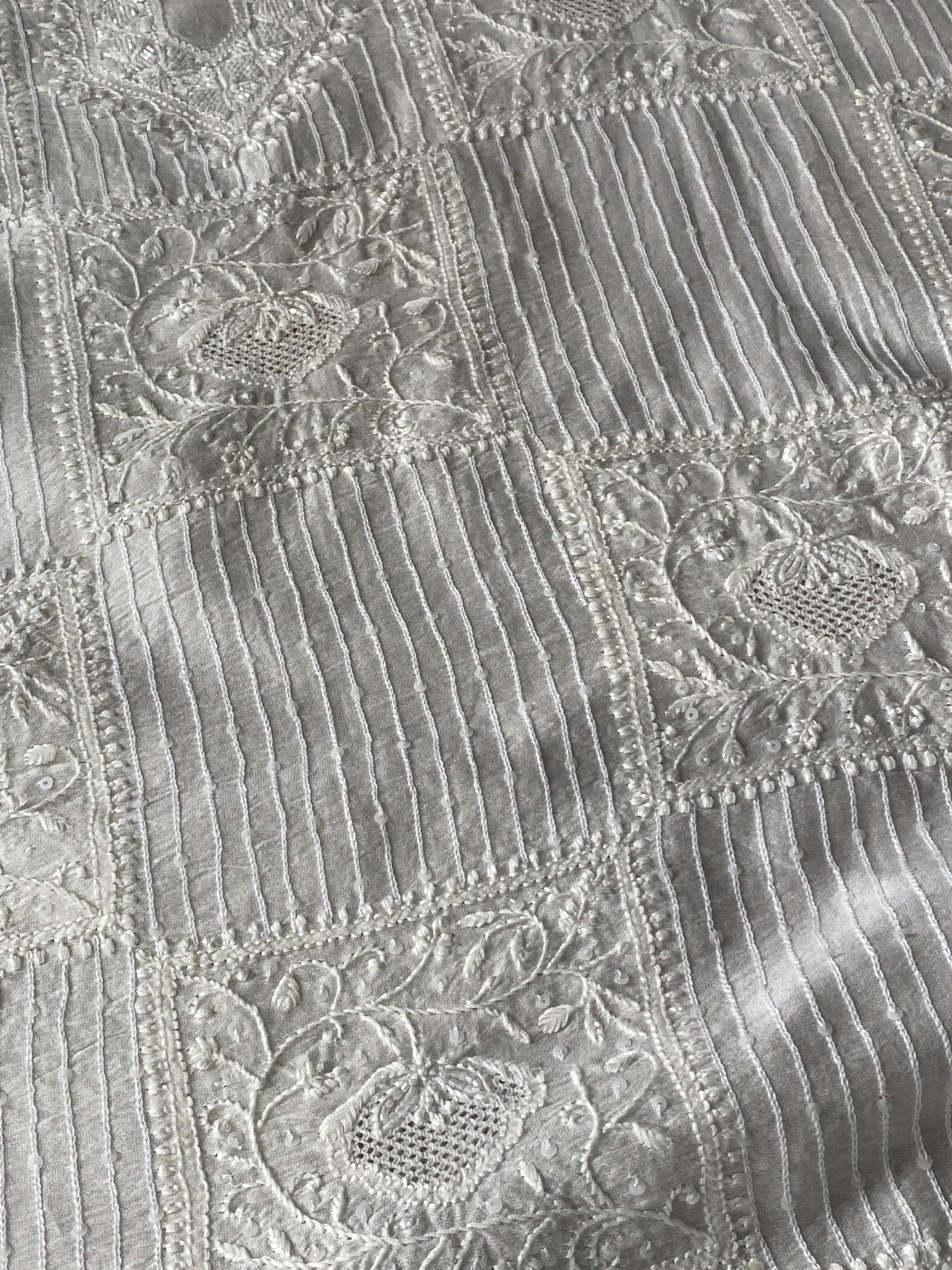 White chanderi chikankari men kurta