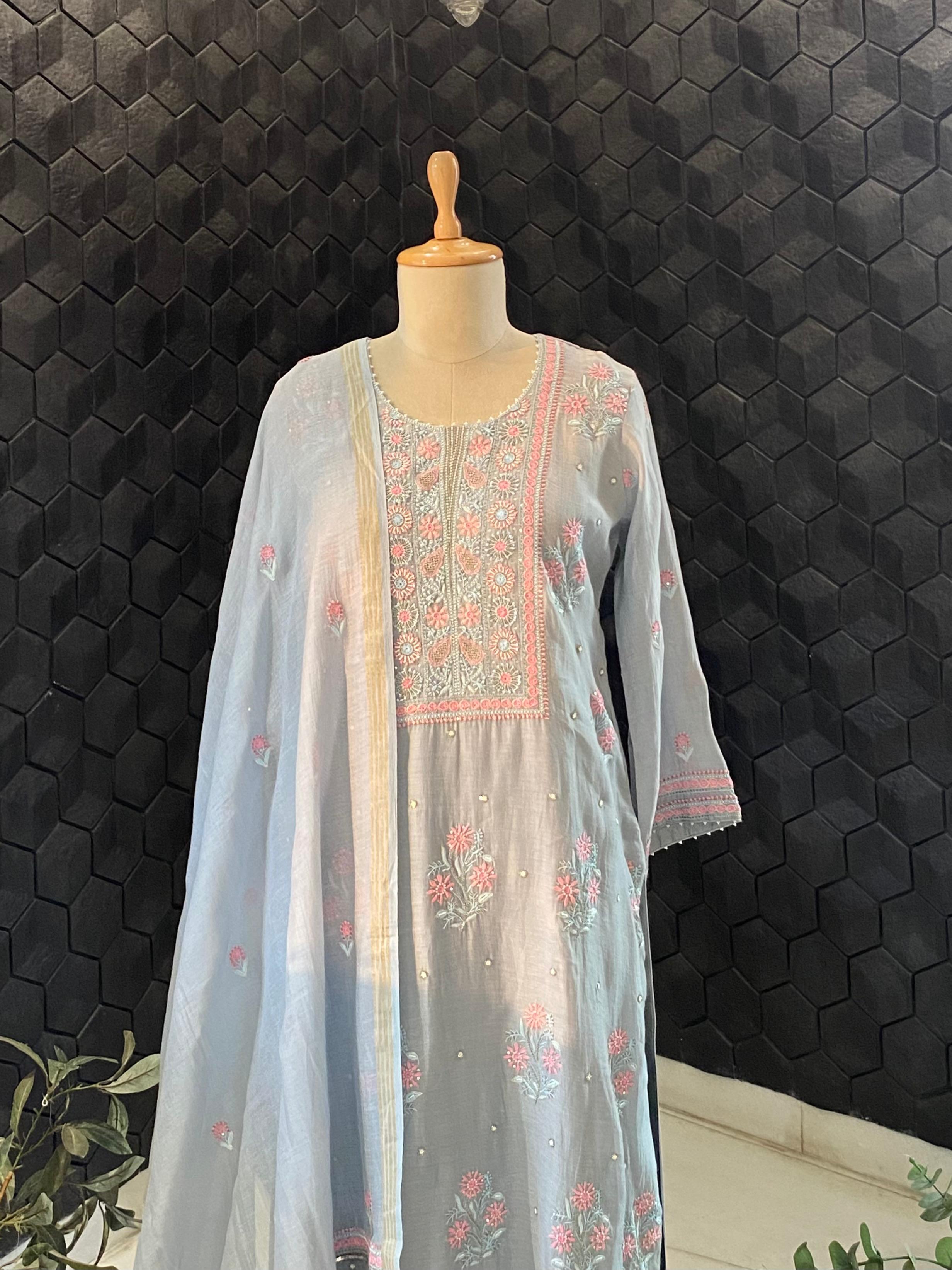 Grey mul chanderi chikankari kurta set