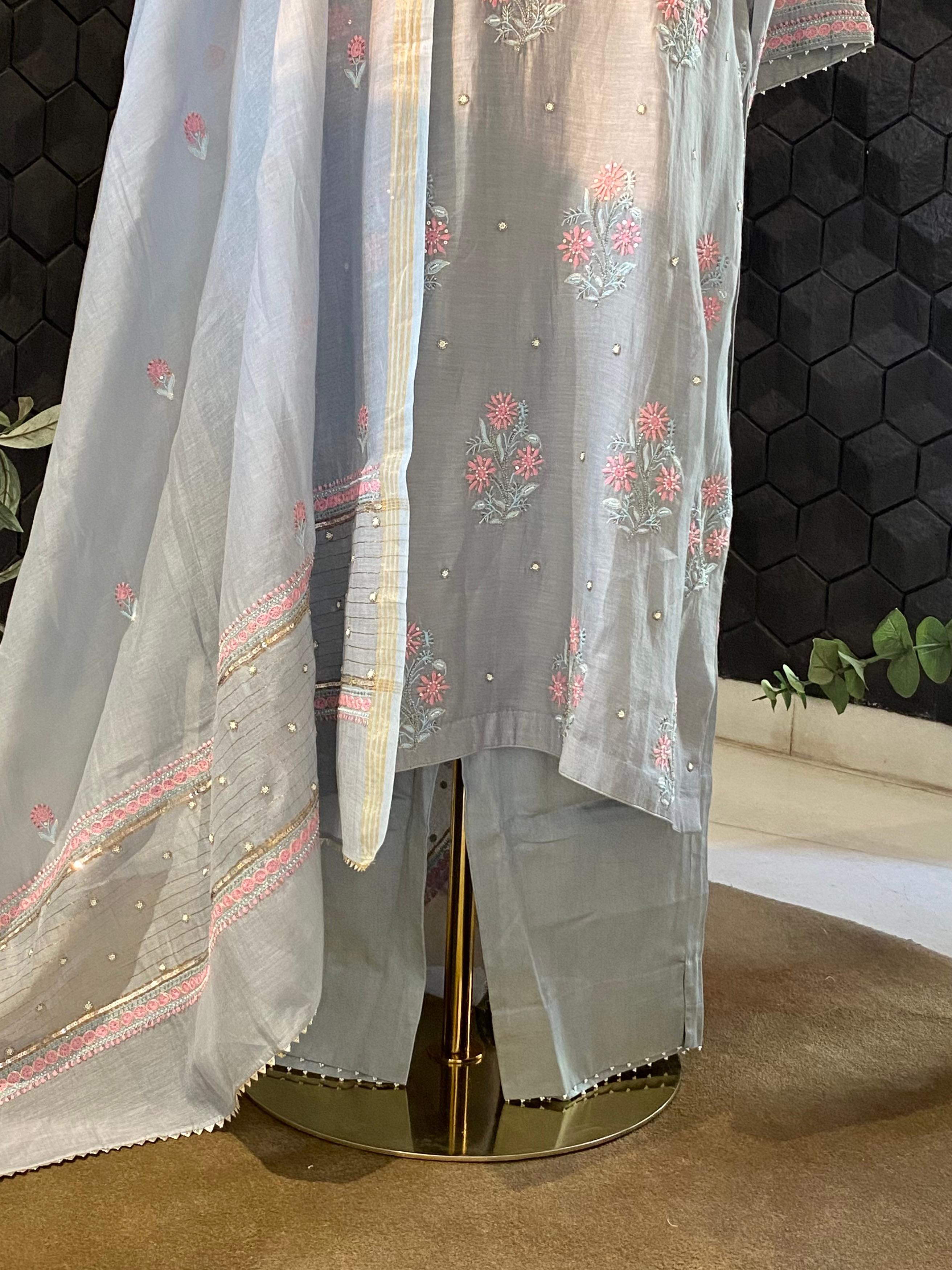 Grey mul chanderi chikankari kurta set