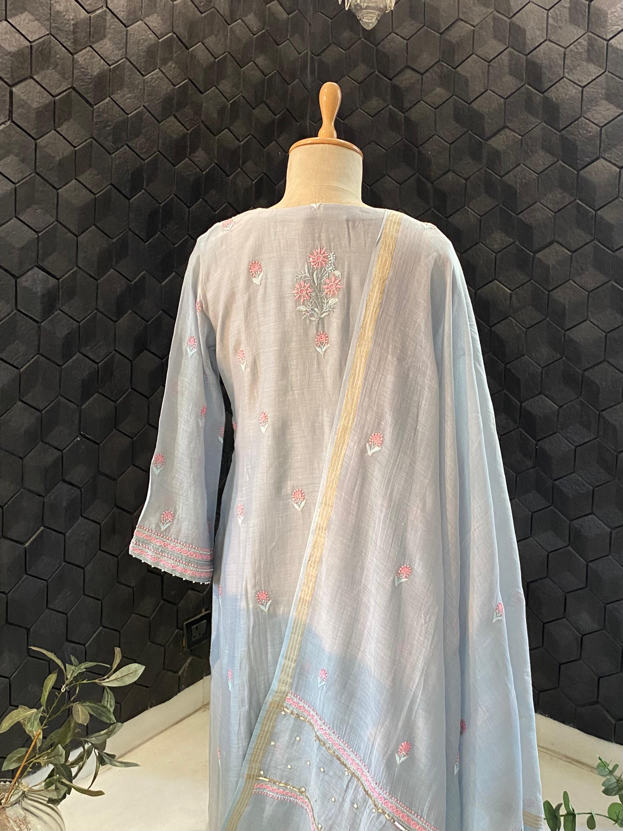 Grey mul chanderi chikankari kurta set
