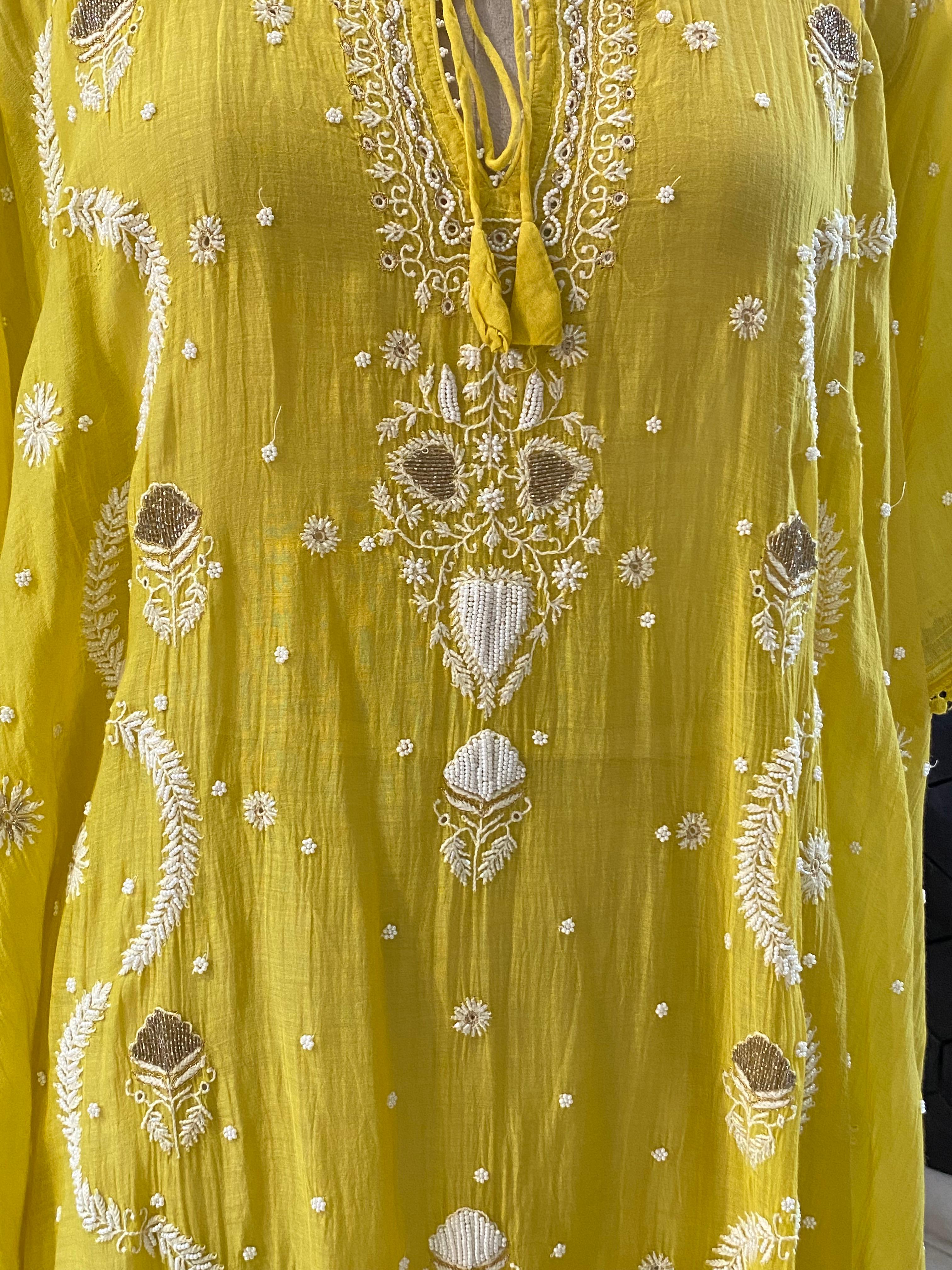 Lemon yellow mul chanderi chikankari kaftan