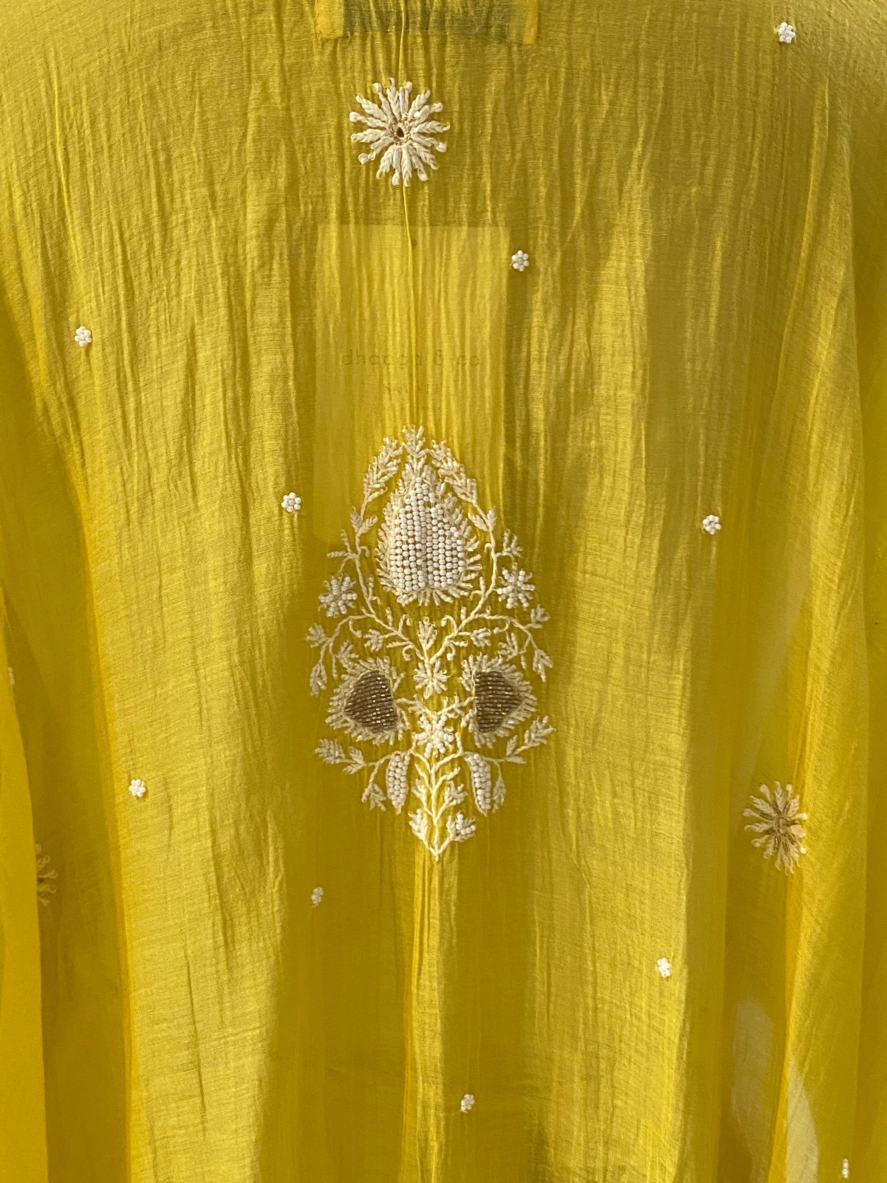 Lemon yellow mul chanderi chikankari kaftan